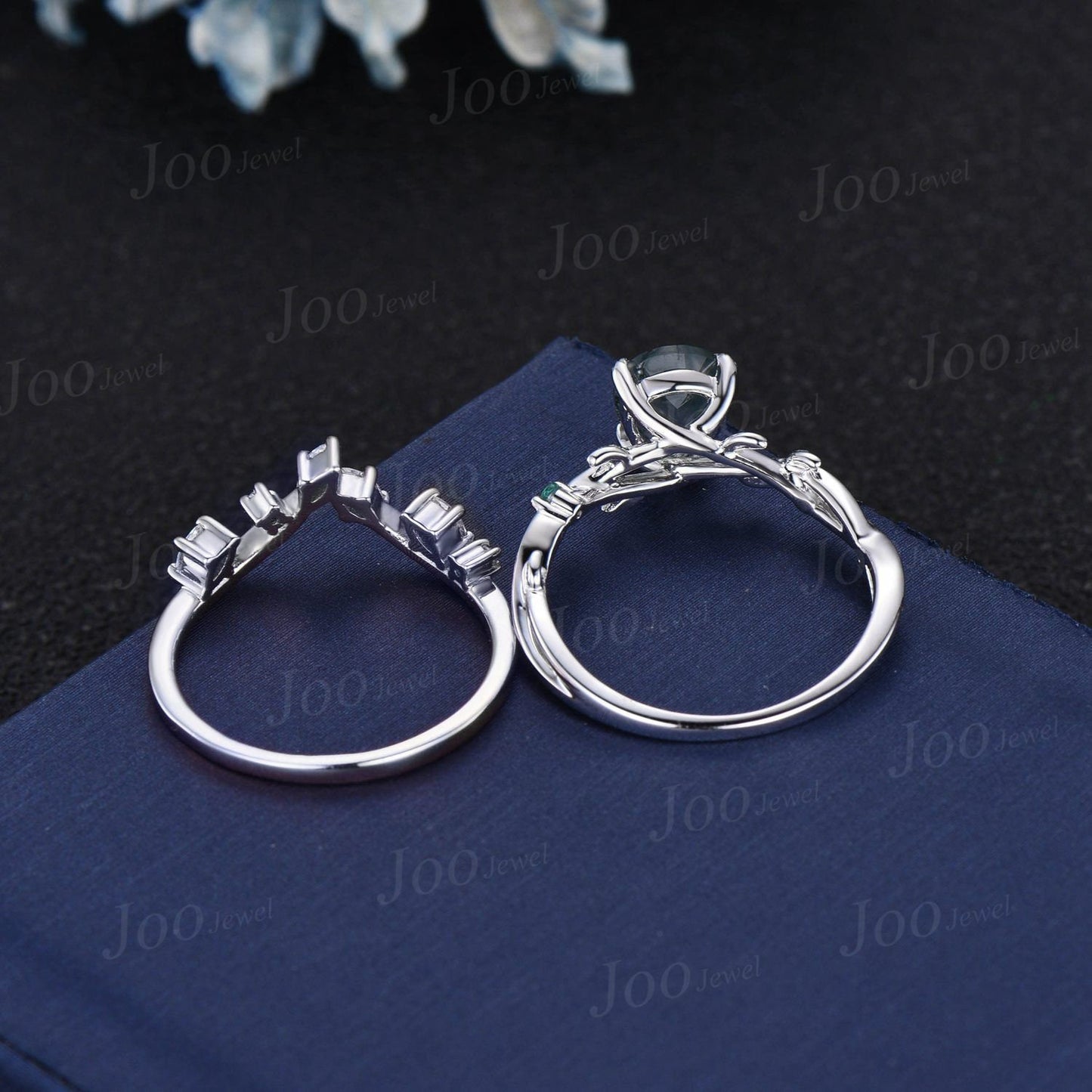 1.25ct Nature Inspired Twig Moss Agate Engagement Ring Set Branch Leaf Vine Green Emerald Ring Pear Wedding Ring Moss Agate Stone Bridal Set