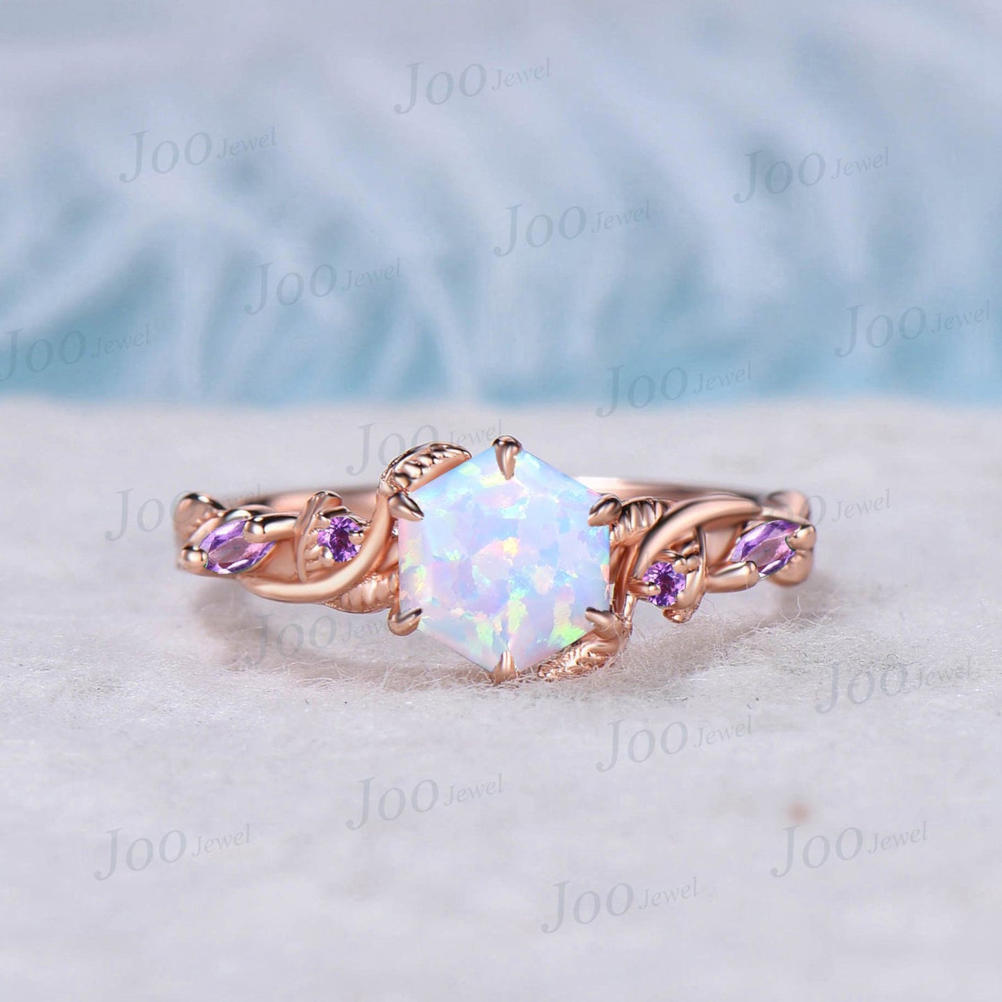 Nature Inspired Twig Opal Ring Set 10K Rose Gold Hexagon Opal Branch Engagement Ring Amethyst Wedding Ring October Birthstone Birthday Gifts