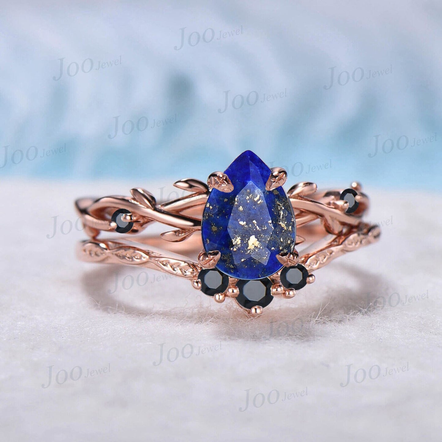 1.25ct Nature Inspired Natural Lapis Lazuli Engagement Ring Set Pear Lapis Gold Ring Twig Vine Black Spinel Wedding Ring Lapis Bridal Sets