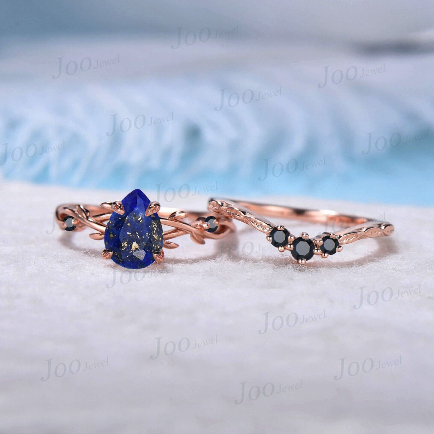 1.25ct Nature Inspired Natural Lapis Lazuli Engagement Ring Set Pear Lapis Gold Ring Twig Vine Black Spinel Wedding Ring Lapis Bridal Sets