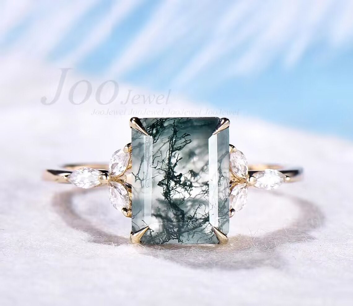 Green moss agate ring unique vintage 7x9mm emerald cut moss agate engagement ring art deco flower marquise moissanite ring rose gold silver