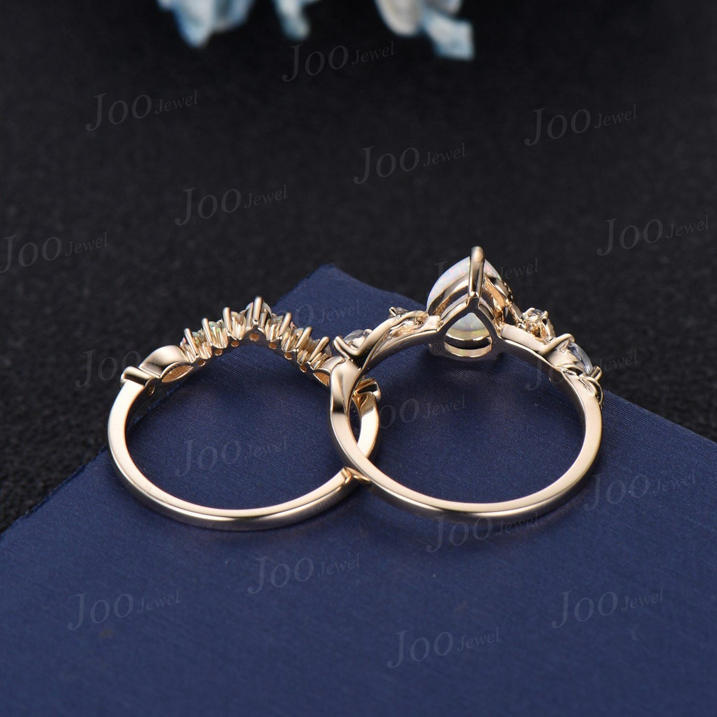 Twig Branch White Opal Ring Set 10K Gold 1.25ct Pear Fire Opal Moonstone Nature Engagement Ring Opal Wedding Band October Birthstone Gifts