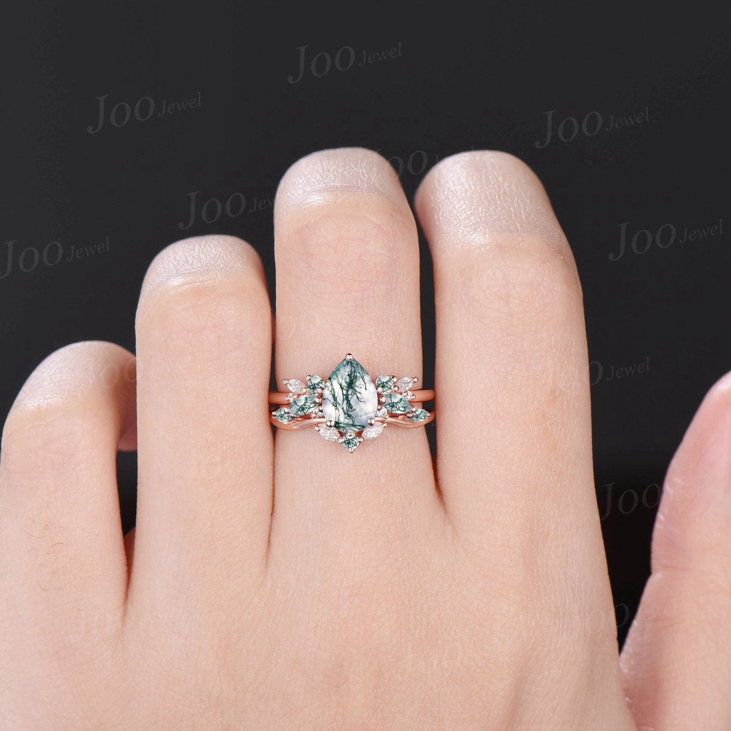 1.25ct Pear Shaped Natural Moss Agate Cluster Engagement Ring Set 10K/14K/18K Rose Gold Branch Wedding Ring Moissanite Moss Agate Bridal Set