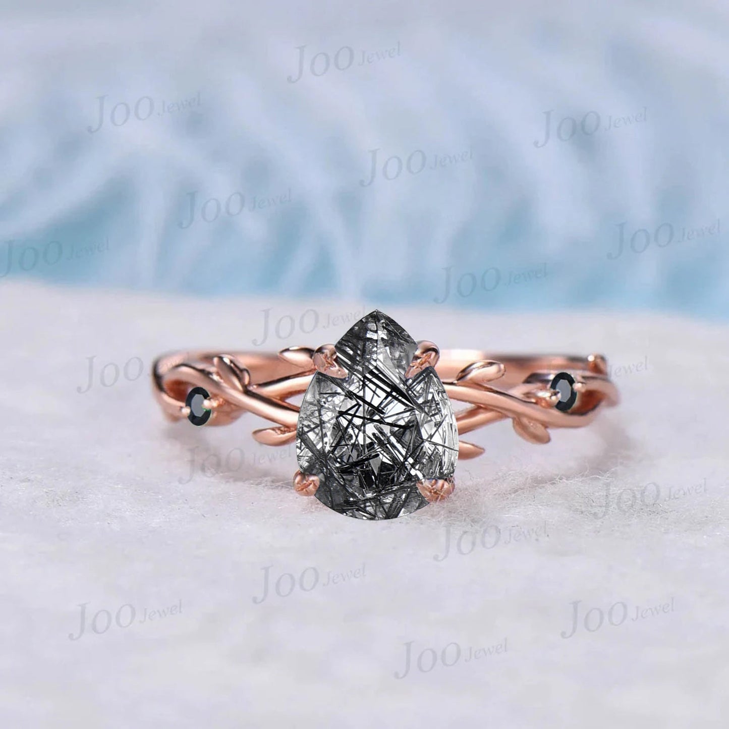 1.25ct Pear Twig Vine Natural Black Rutilated Quartz Ring Set Black Gemstone Nature Inspired Black Quartz Engagement Ring Lucky Promise Ring