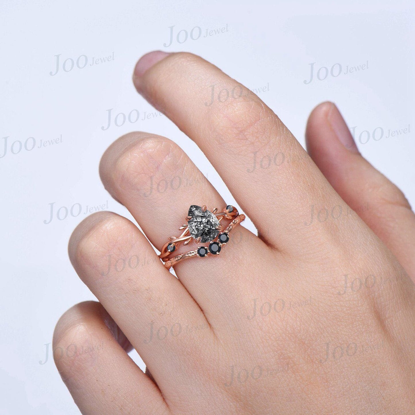 1.25ct Pear Twig Vine Natural Black Rutilated Quartz Ring Set Black Gemstone Nature Inspired Black Quartz Engagement Ring Lucky Promise Ring