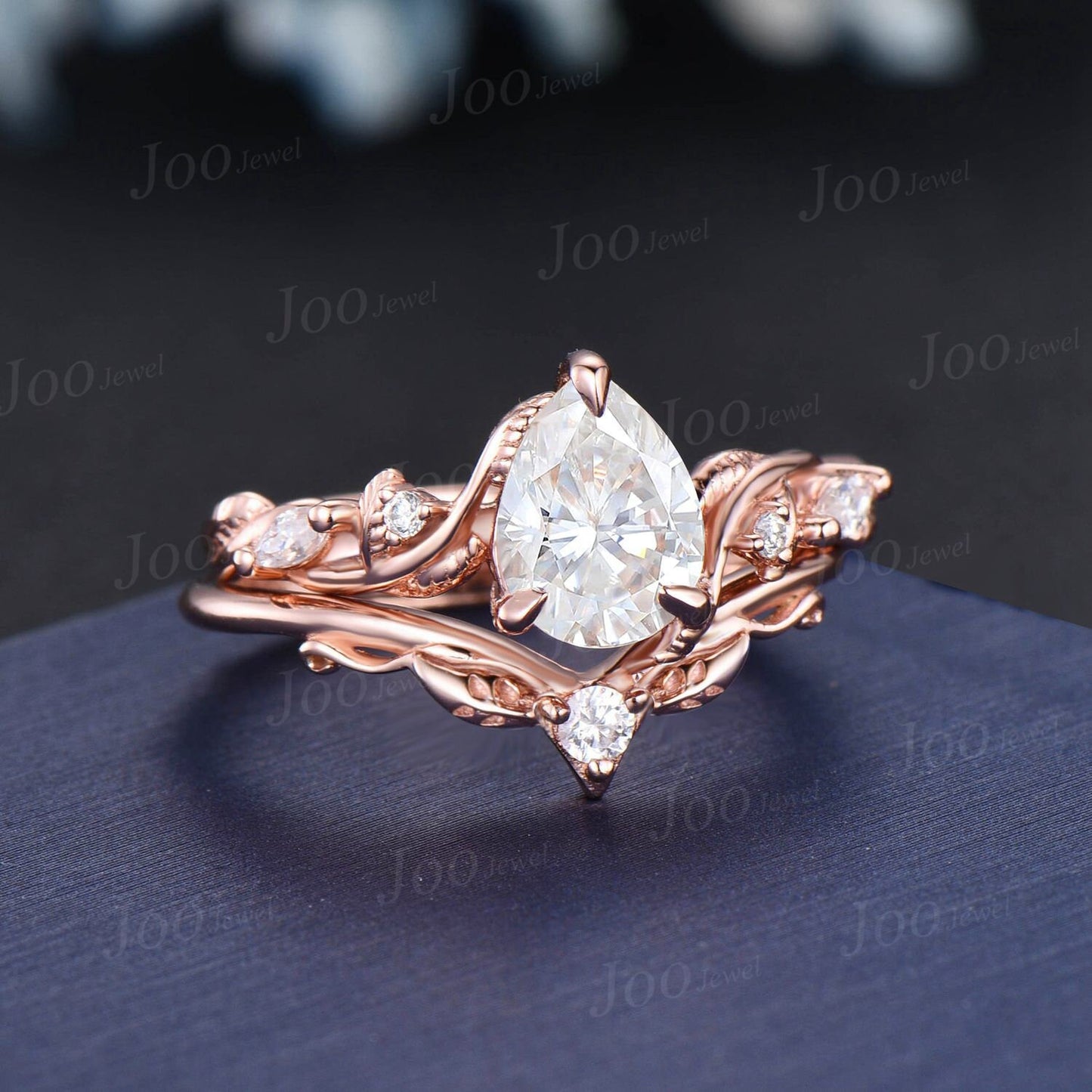 1.25ct Pear Moissanite Diamond Bridal Ring Set Nature Inspired Moissanite Engagement Ring 14k Rose Gold Leaf Vine Branch Wedding Ring Gifts