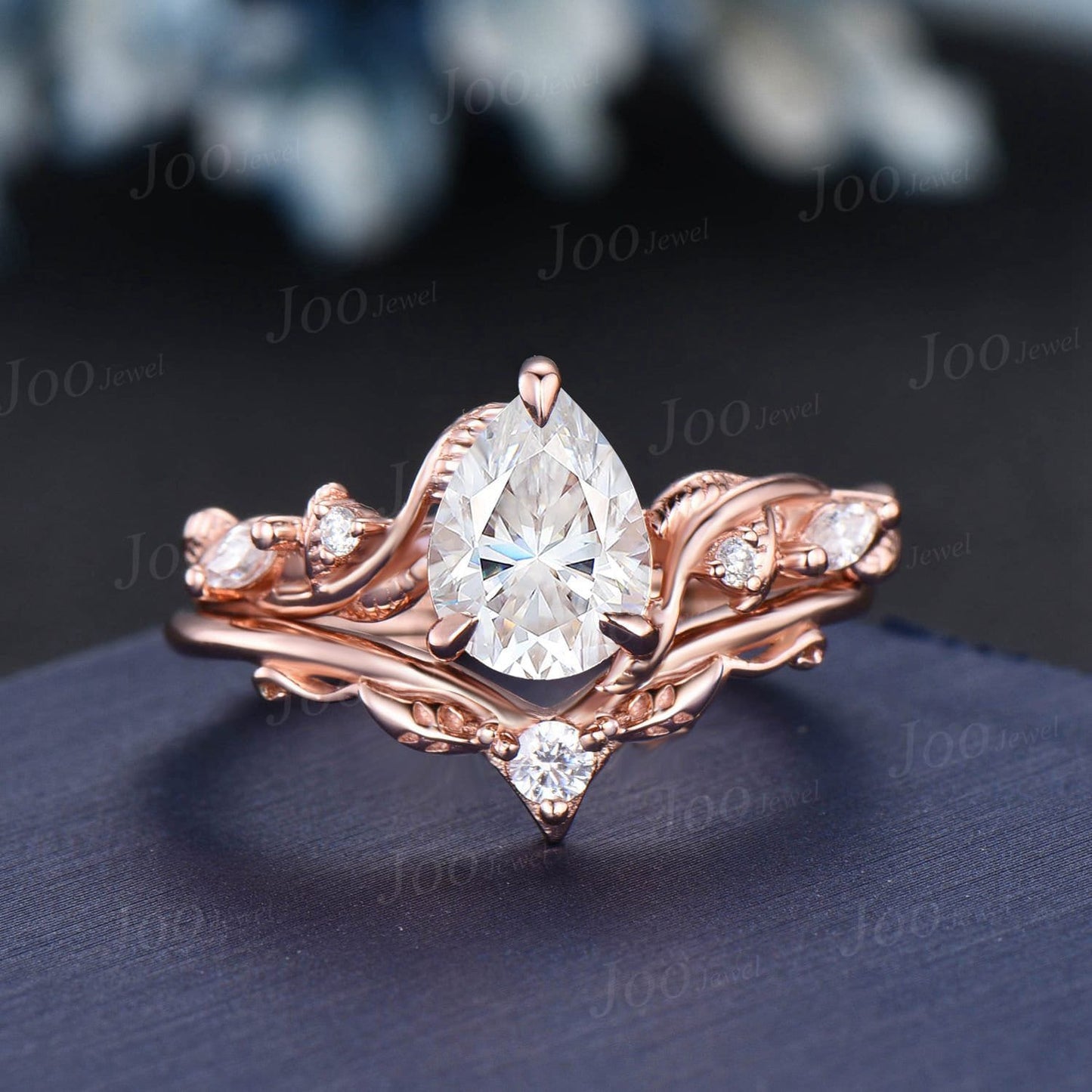1.25ct Pear Moissanite Diamond Bridal Ring Set Nature Inspired Moissanite Engagement Ring 14k Rose Gold Leaf Vine Branch Wedding Ring Gifts