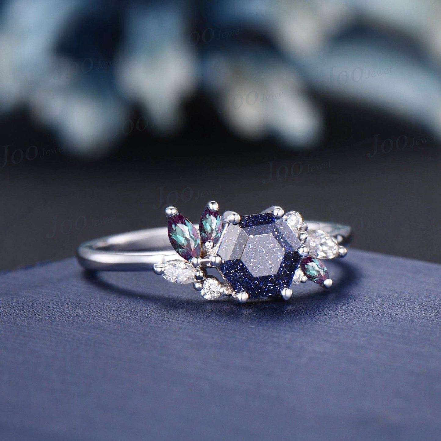 Unique 1ct Hexagon Cut Blue Sandstone Engagement Ring For Women Marquise Alexandrite Wedding Ring Flower Cluster Art Deco Moissanite Ring