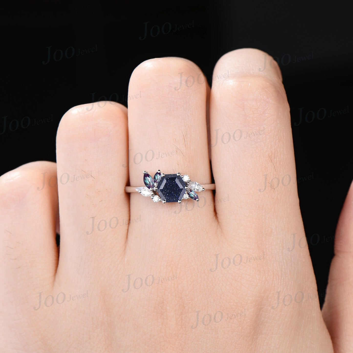 Unique 1ct Hexagon Cut Blue Sandstone Engagement Ring For Women Marquise Alexandrite Wedding Ring Flower Cluster Art Deco Moissanite Ring
