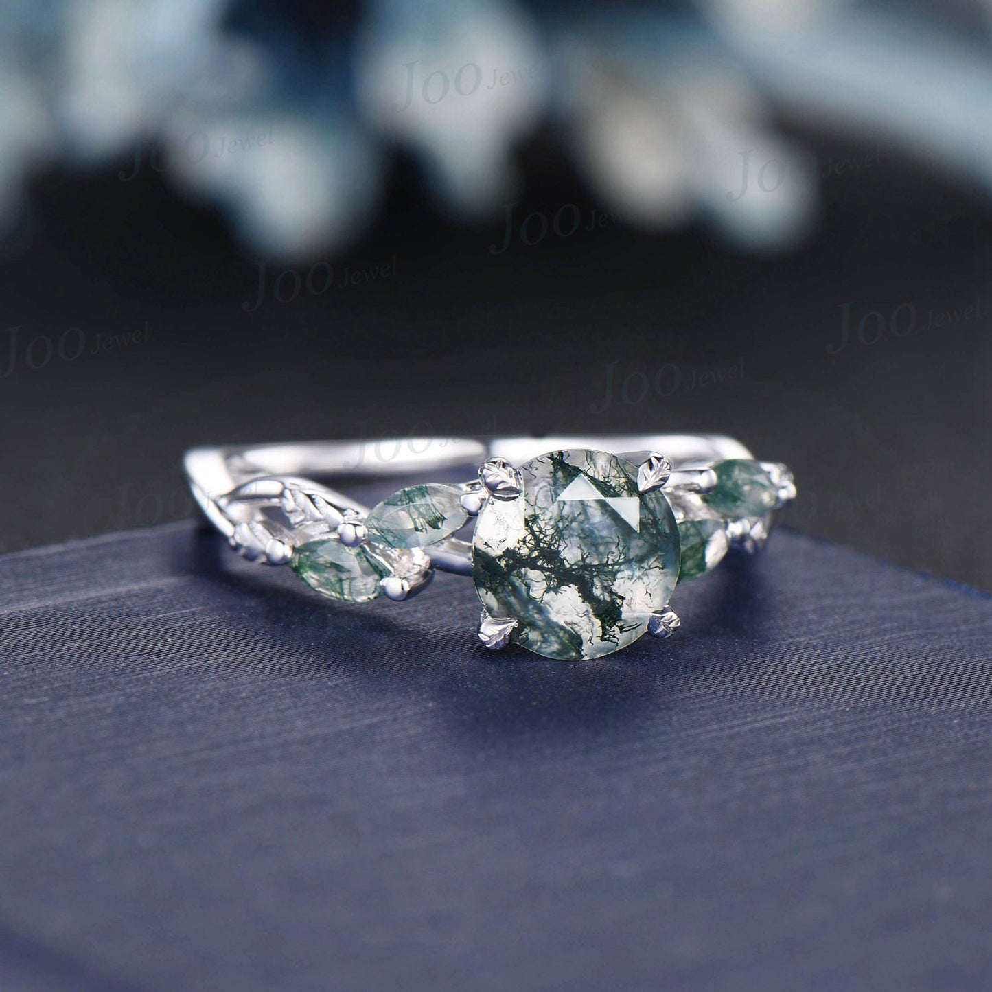 1.2ct Round Natural Moss Agate Ring Leaf Branch Design Moss Engagement Rings Twist Infinity Wedding Ring Green Agate Ring Anniversary Gifts
