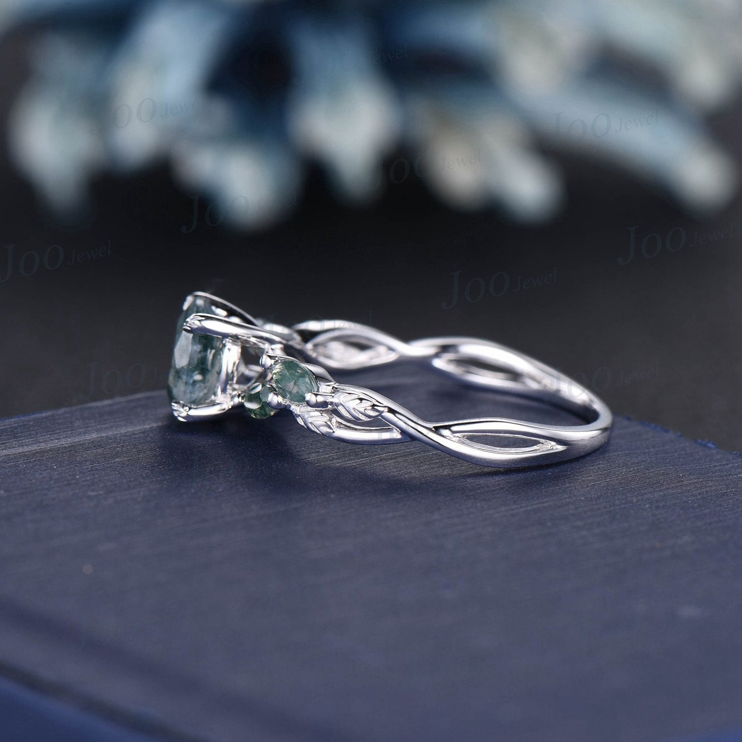 1.2ct Round Natural Moss Agate Ring Leaf Branch Design Moss Engagement Rings Twist Infinity Wedding Ring Green Agate Ring Anniversary Gifts