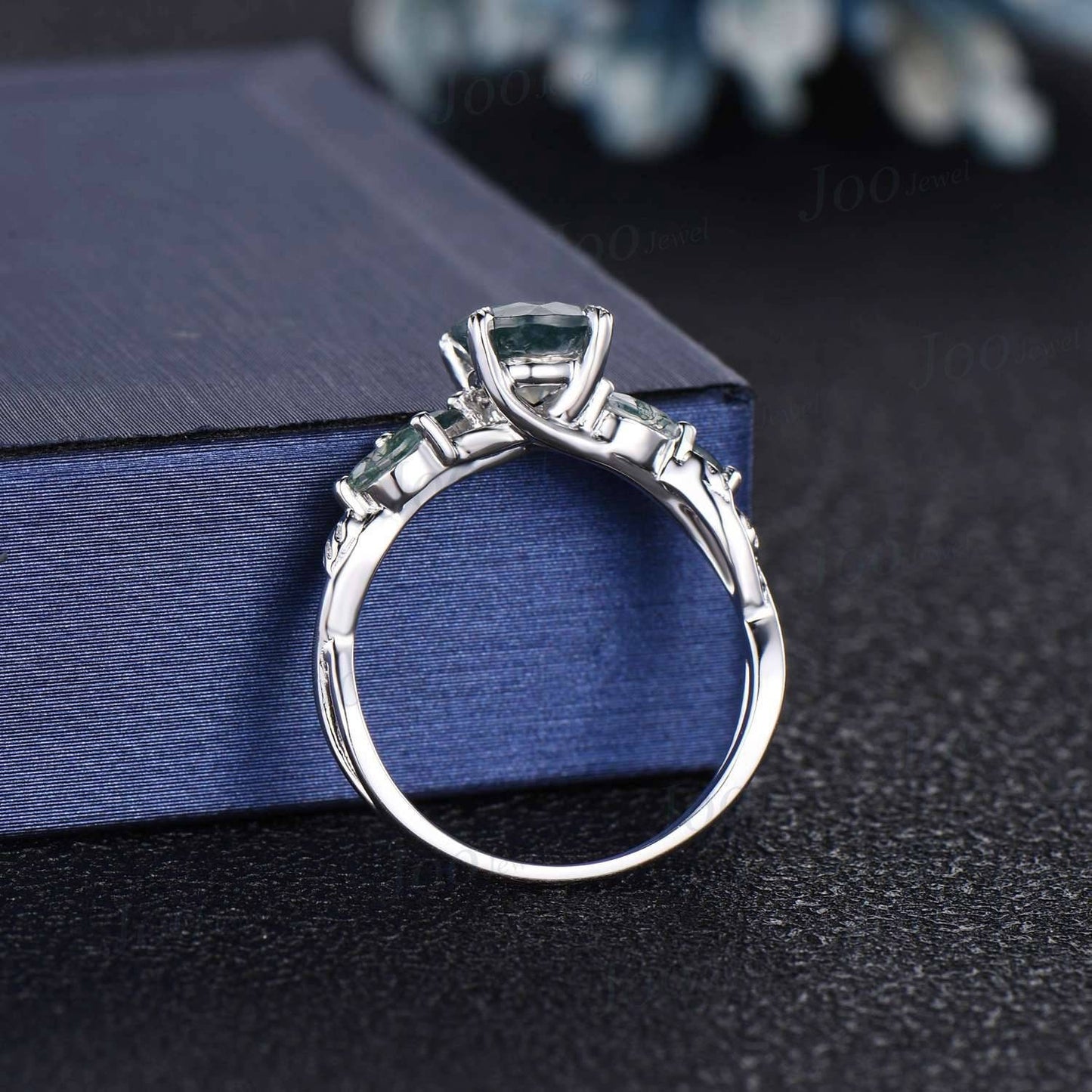 1.2ct Round Natural Moss Agate Ring Leaf Branch Design Moss Engagement Rings Twist Infinity Wedding Ring Green Agate Ring Anniversary Gifts