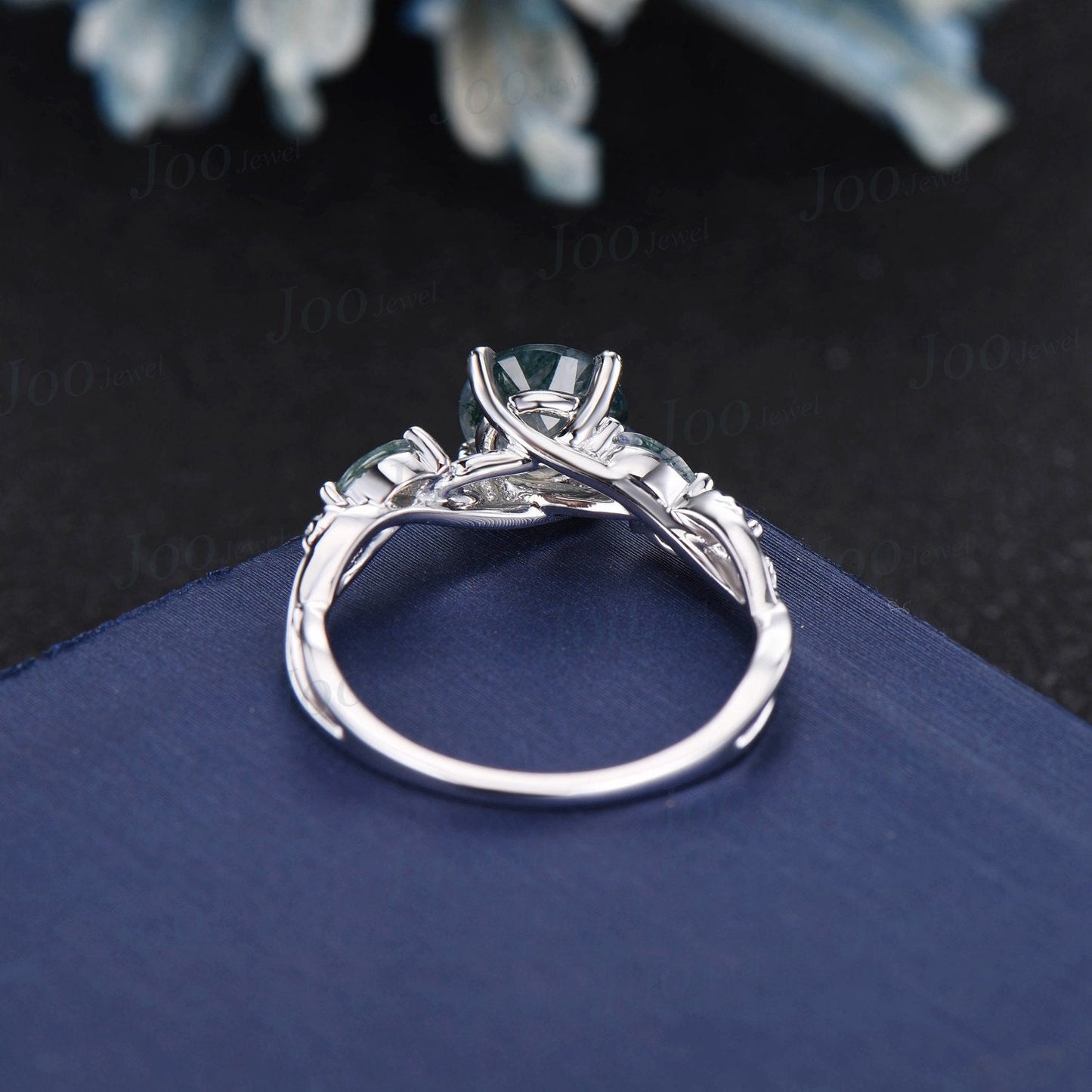 1.2ct Round Natural Moss Agate Ring Leaf Branch Design Moss Engagement Rings Twist Infinity Wedding Ring Green Agate Ring Anniversary Gifts