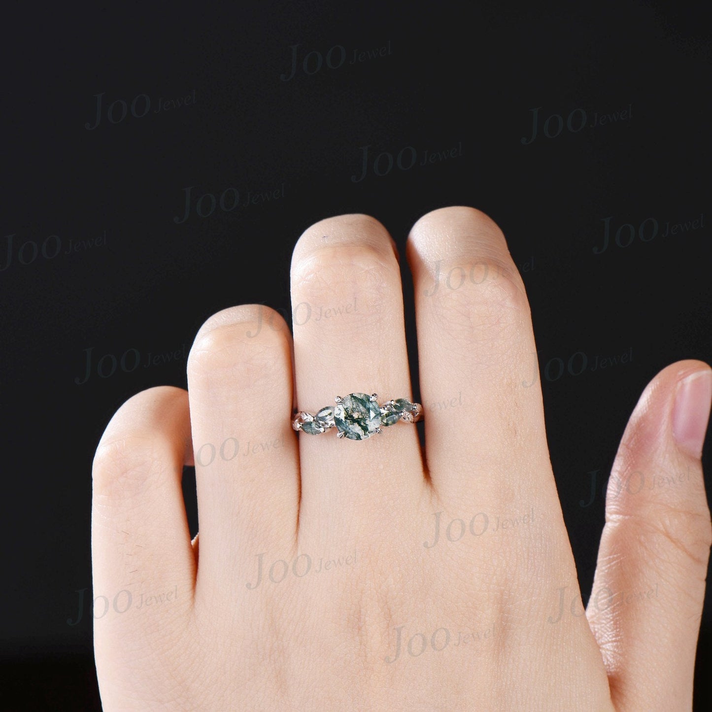 1.2ct Round Natural Moss Agate Ring Leaf Branch Design Moss Engagement Rings Twist Infinity Wedding Ring Green Agate Ring Anniversary Gifts
