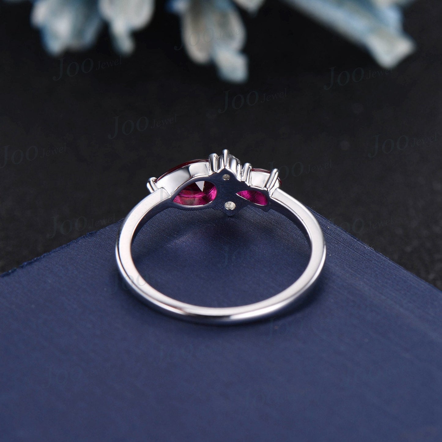 Handmade Pear Cut Red Ruby Ring 10K Rose Gold July Birthstone Promise Ring Vintage Cluster Moonstone Opal Ring Personalized Birthday Gifts