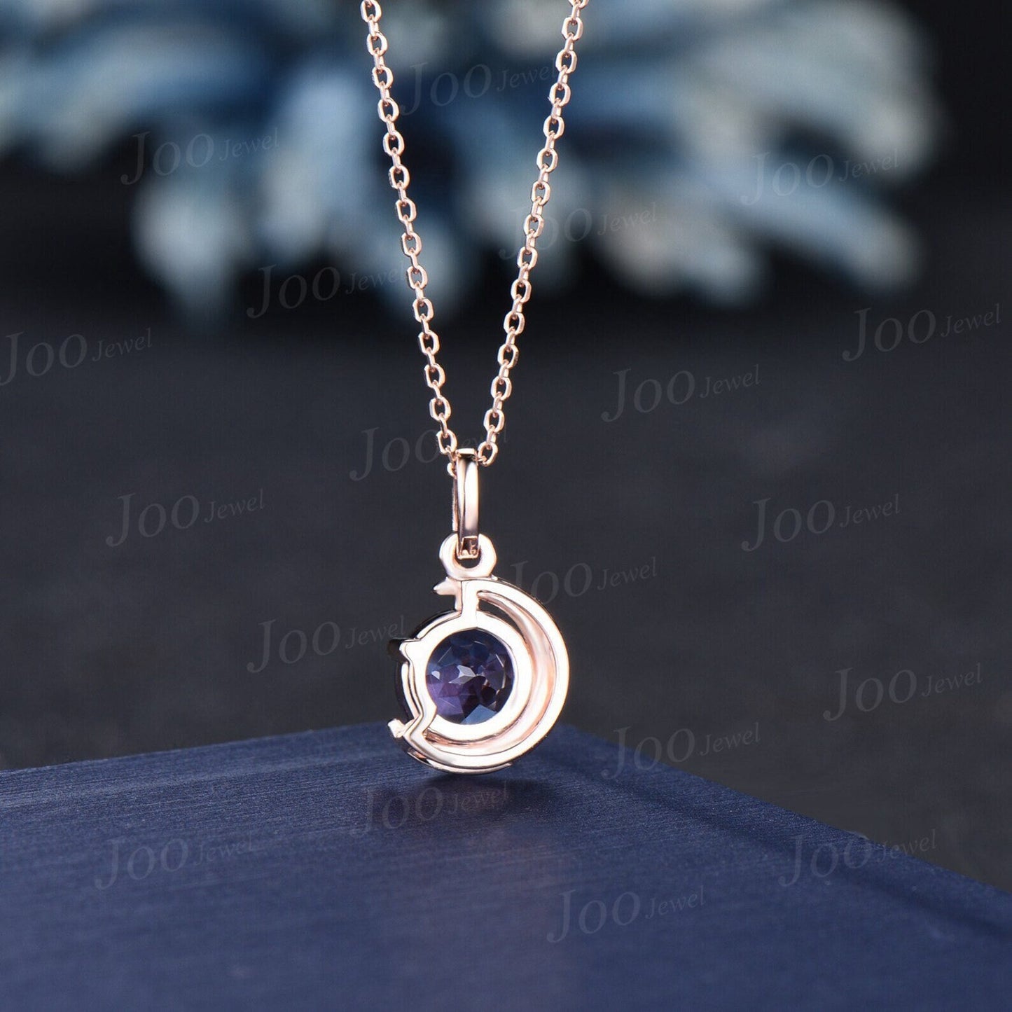 Round Star Blue Sapphire Necklace Rose Gold Crescent Moon Wedding Necklace Star Blue Bridal Solitaire Pendant Necklace Unique Promise Gifts