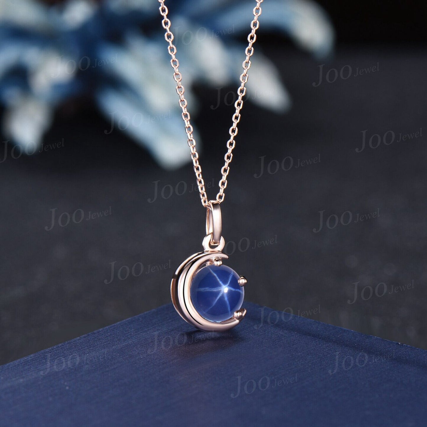 Round Star Blue Sapphire Necklace Rose Gold Crescent Moon Wedding Necklace Star Blue Bridal Solitaire Pendant Necklace Unique Promise Gifts