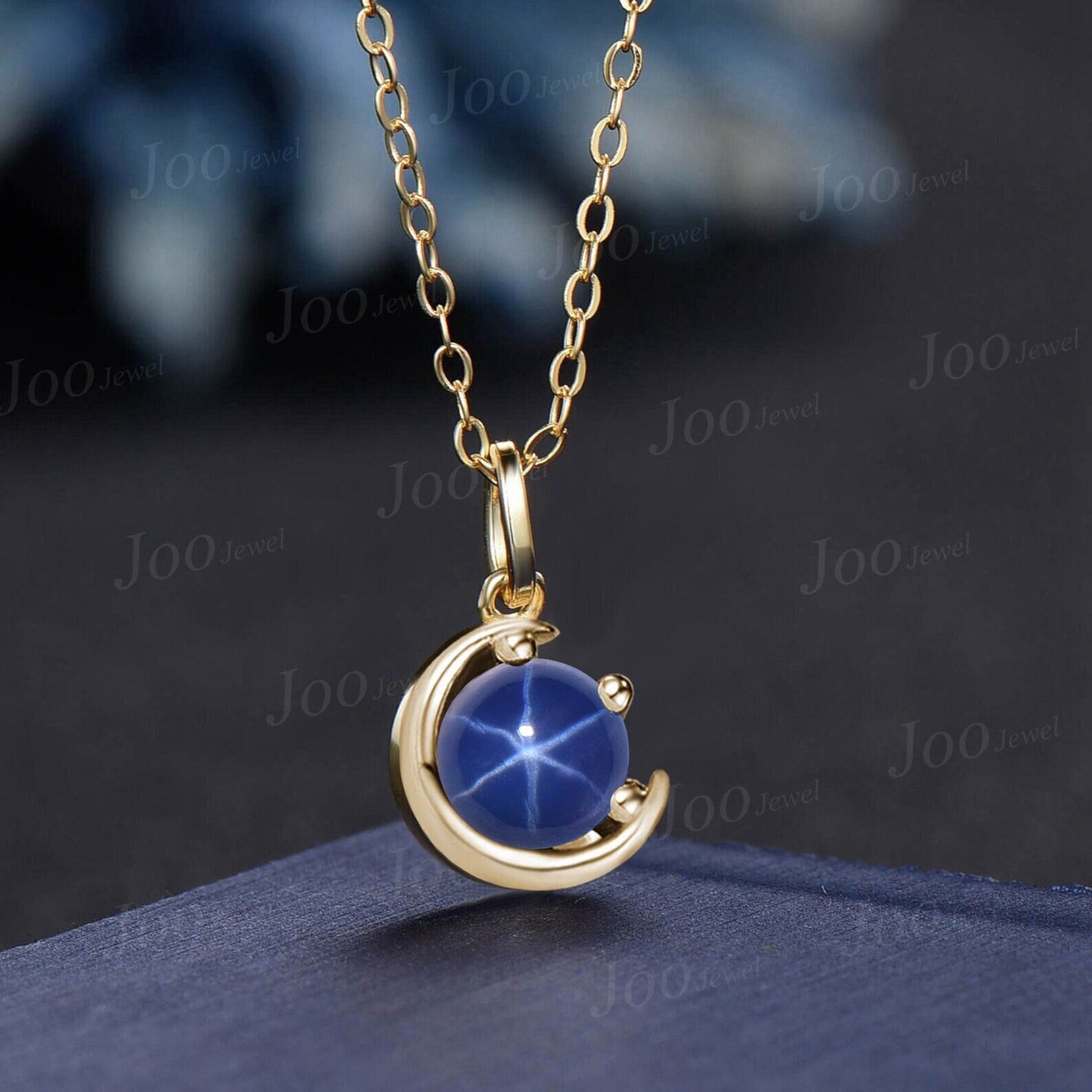 Round Star Blue Sapphire Necklace Rose Gold Crescent Moon Wedding Necklace Star Blue Bridal Solitaire Pendant Necklace Unique Promise Gifts