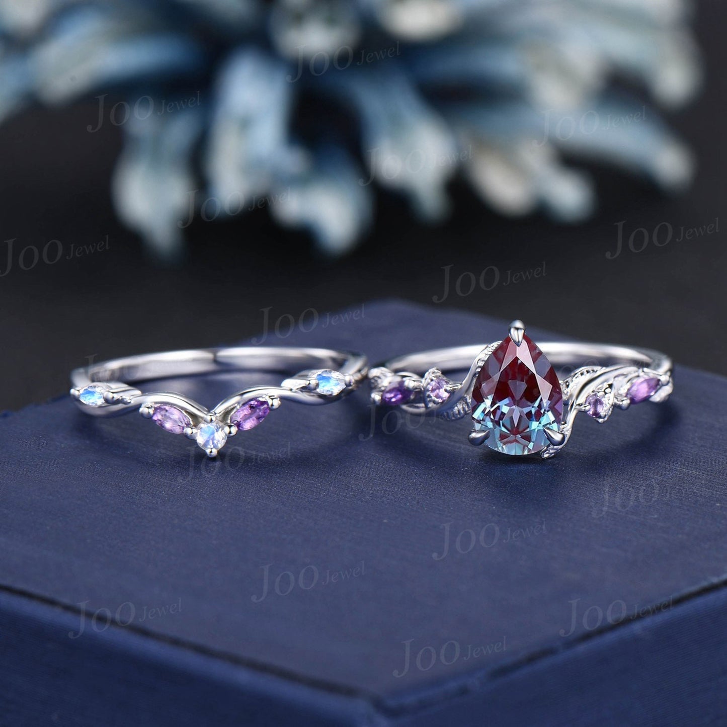 Nature Inspired Color-Change Alexandrite Amethyst Bridal Set Twig Vine Engagement Ring Pear Alexandrite Ring June Birthstone Wedding Gifts