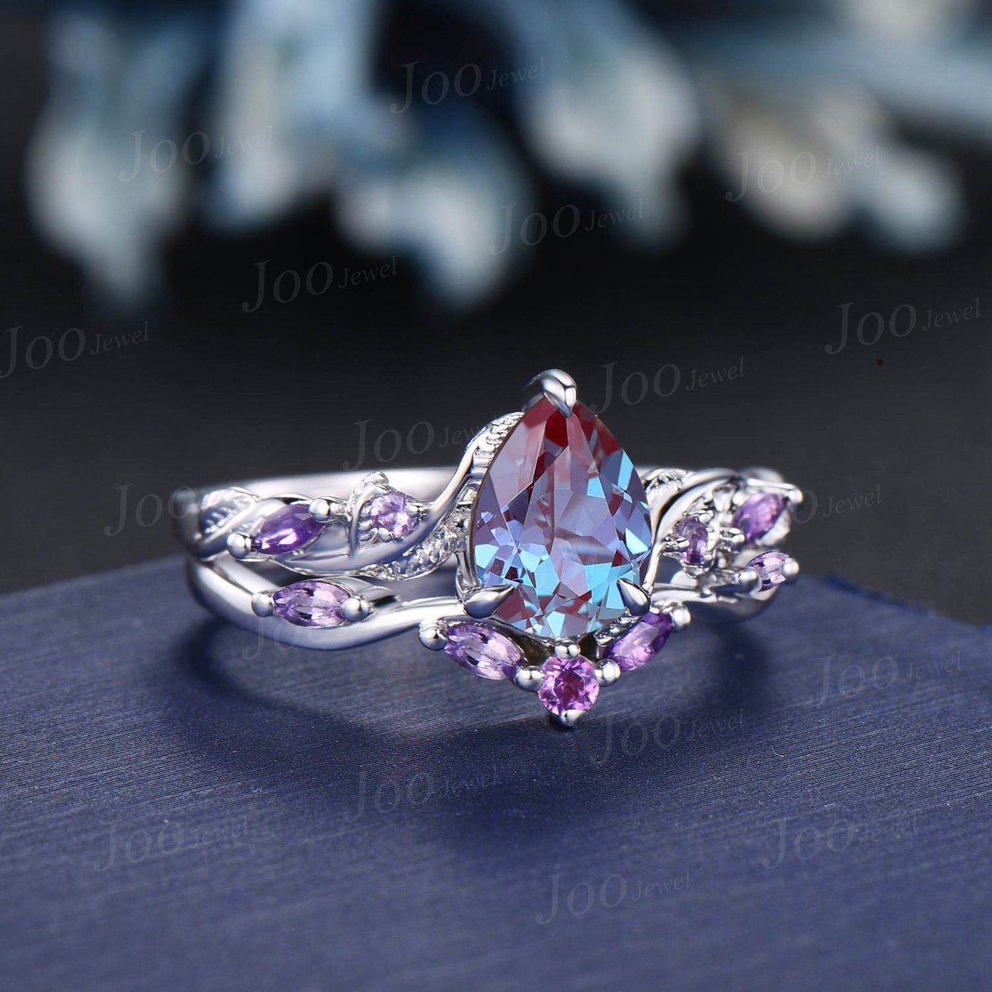 Nature Inspired Alexandrite Amethyst Bridal Set Pear Color-Change Alexandrite Engagement Ring Twist Leaf Vine Amethyst Wedding Promise Rings