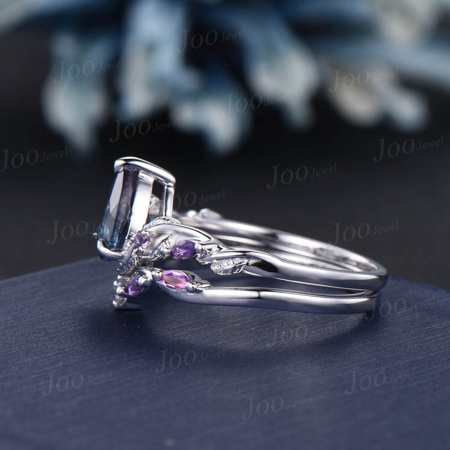 Nature Inspired Alexandrite Amethyst Bridal Set Pear Color-Change Alexandrite Engagement Ring Twist Leaf Vine Amethyst Wedding Promise Rings