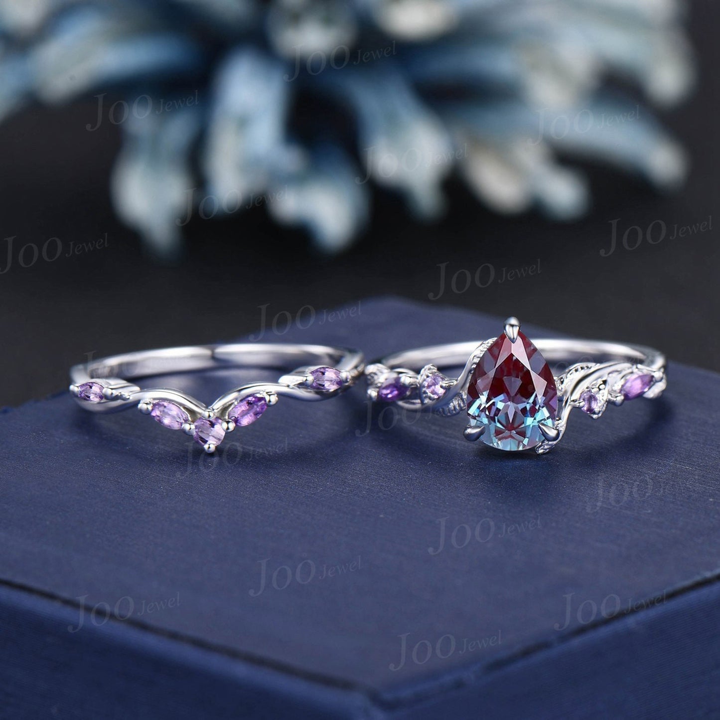 Nature Inspired Alexandrite Amethyst Bridal Set Pear Color-Change Alexandrite Engagement Ring Twist Leaf Vine Amethyst Wedding Promise Rings