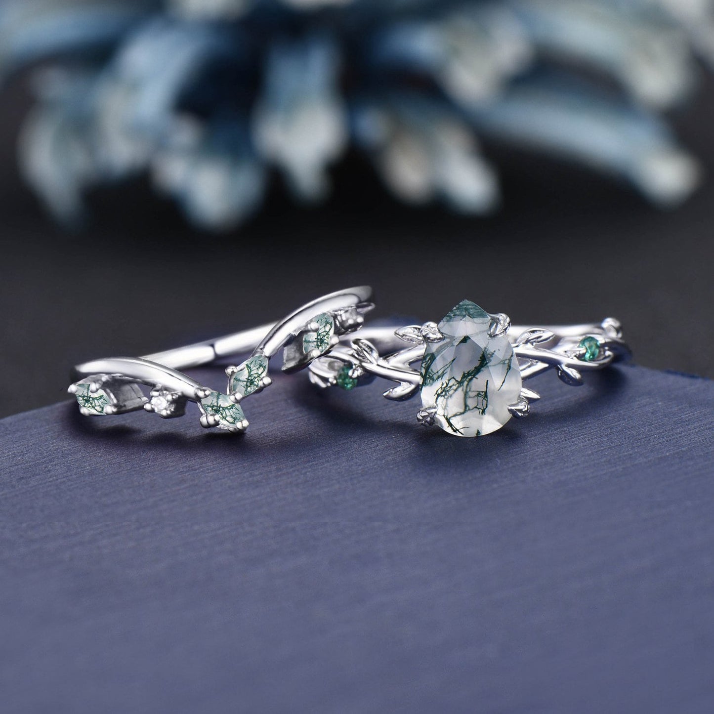 1.25ct Twig Vine Moss Agate Engagement Ring Set Branch Leaf Nature Inspired Wedding Ring Green Emerald Ring Pear Moss Agate Bridal Ring Set