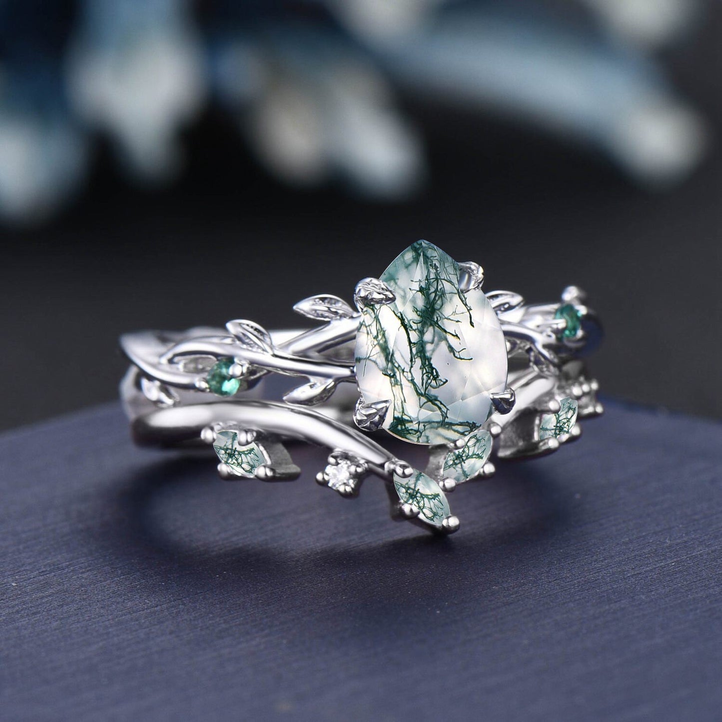 1.25ct Twig Vine Moss Agate Engagement Ring Set Branch Leaf Nature Inspired Wedding Ring Green Emerald Ring Pear Moss Agate Bridal Ring Set