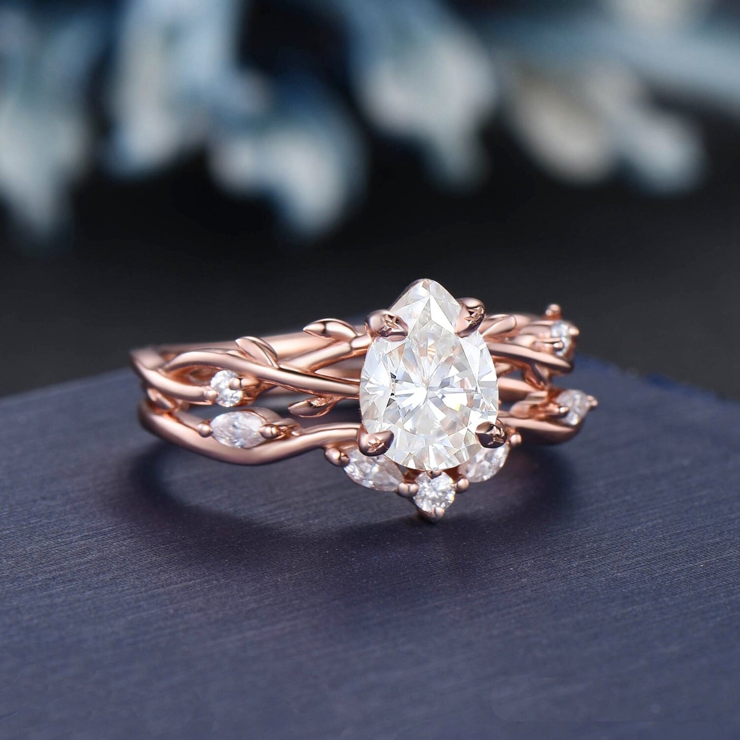 Nature Inspired Moissanite Engagement Ring Set Twist Vine Ring 1.25ct Pear Moissanite Diamond Wedding Ring Teardrop Moissanite Bridal Set
