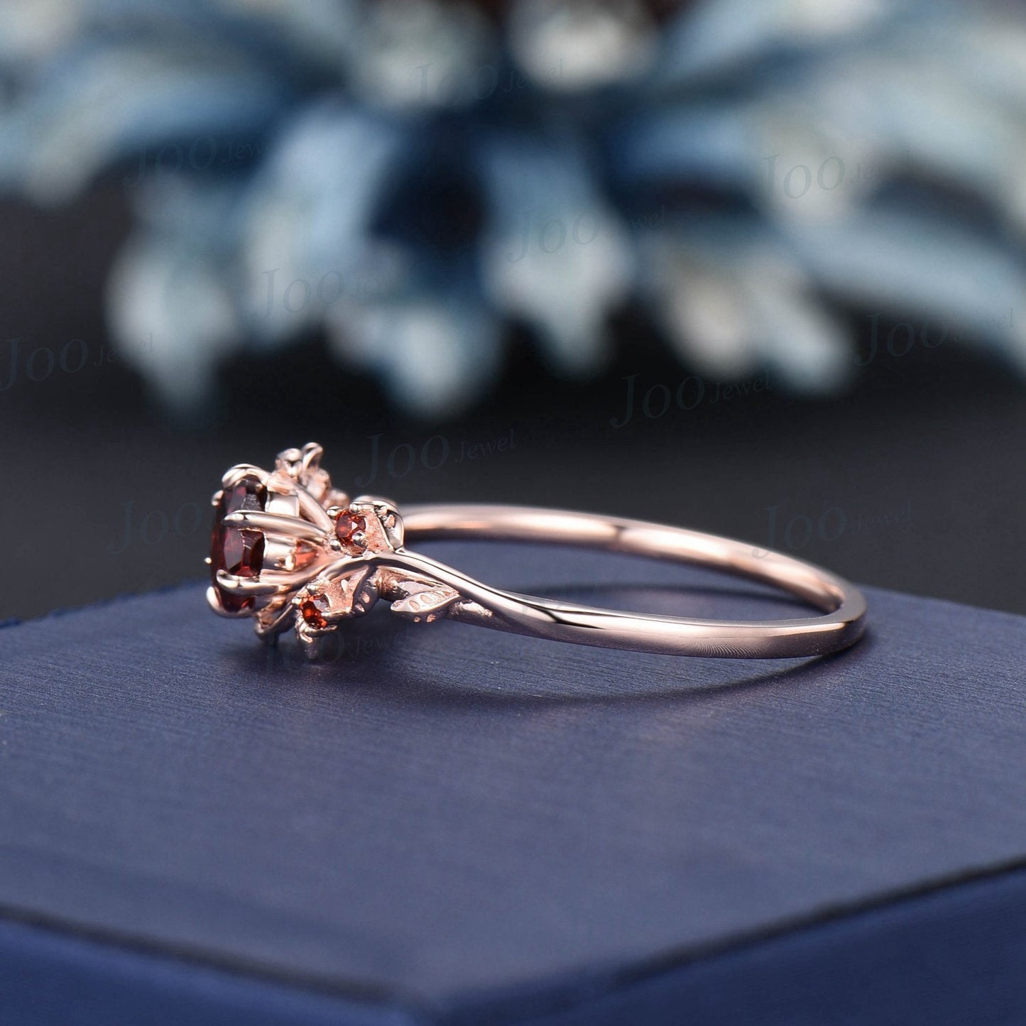 Rose Cut Natural Red Garnet Jewelry 10K Rose Gold Nature Inspired Twig Leaf Garnet Engagement Ring January Birthstone Valentine's Day Gifts