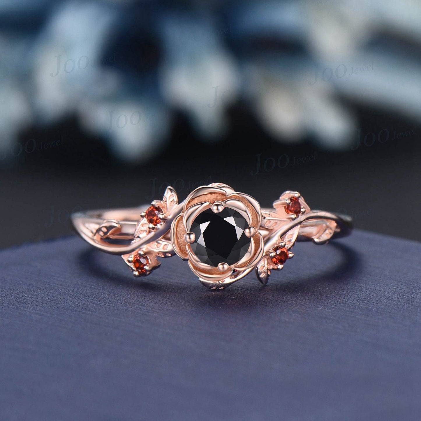 Rose Flower Natural Black Onyx Garnet Engagement Rings 14K Rose Gold Twig Leaf Nature Inspired Natural Round Onyx Wedding Ring Antique Gifts