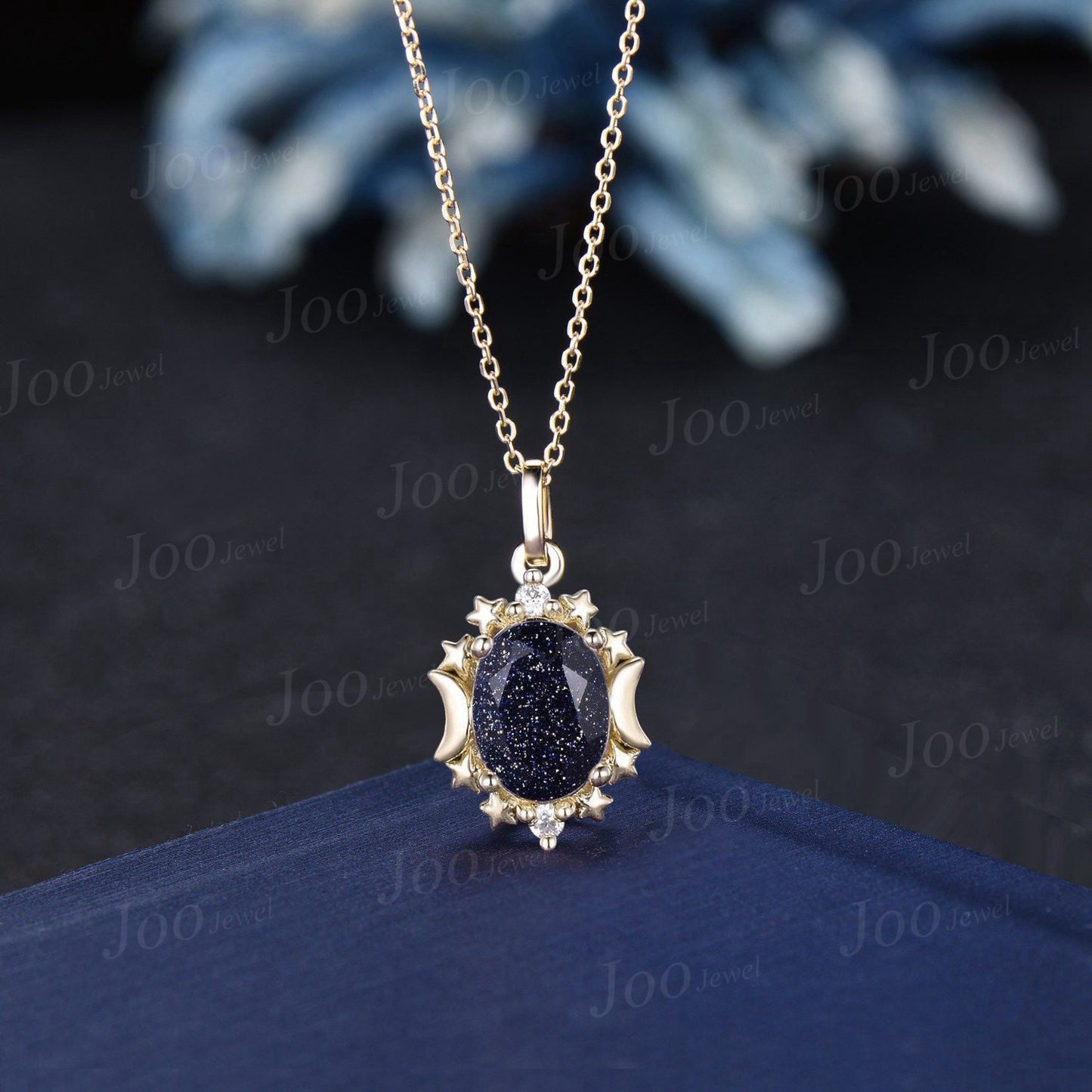 Vintage Oval Cut Blue Sandstone Galaxy Necklace Moon Star Crystal Starry Sky Blue Goldstone Wedding Pendant Unique Celestial Moon Ring Women