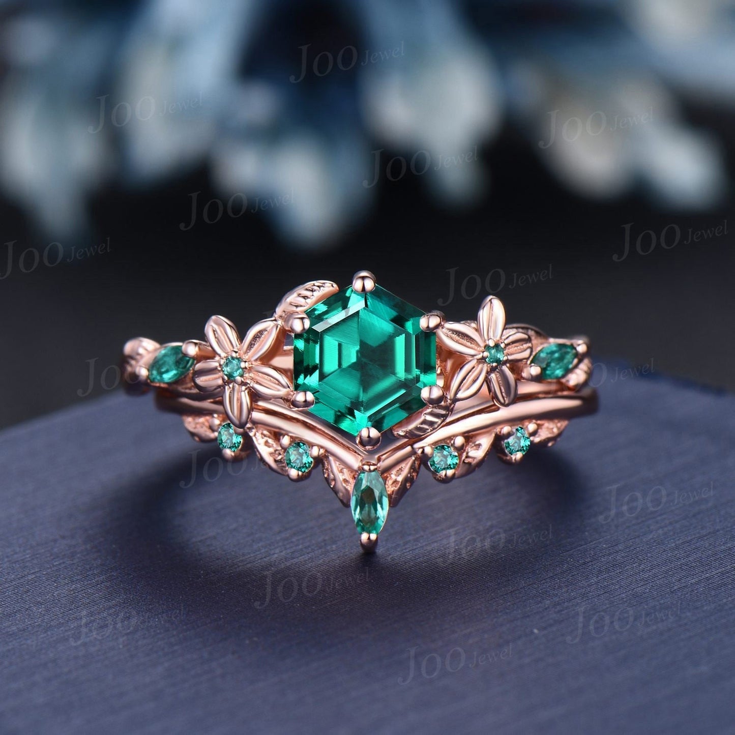 Nature Inspired Green Emerald Engagement Ring Set 1ct Hexagon Wedding Ring Set Floral Branch Green Emerald Promise Rings May Birthstone Gift