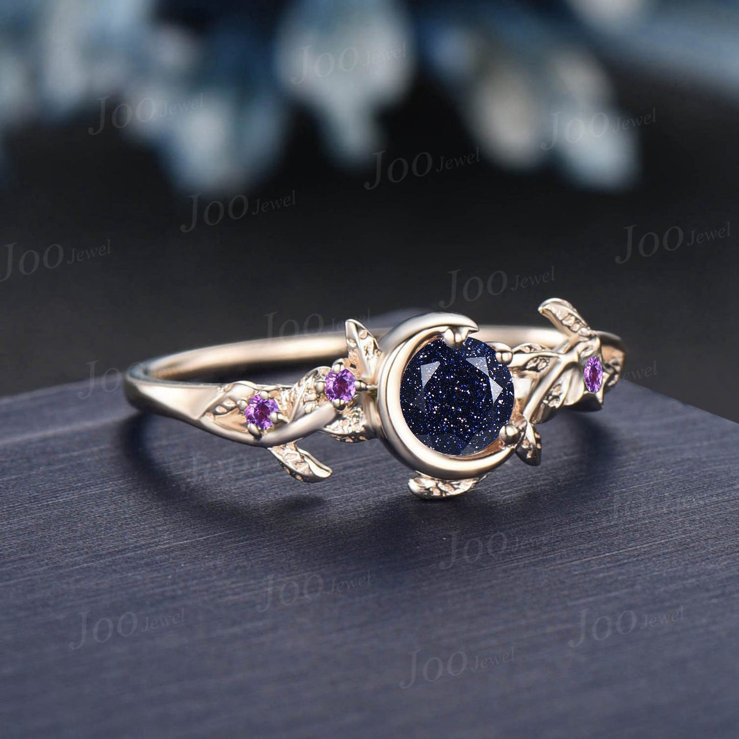 Round Nature Inspired Galaxy Starry Sky Blue Sandstone Engagement Ring Moon Star Design Cluster Amethyst Ring Blue Goldstone Promise Rings