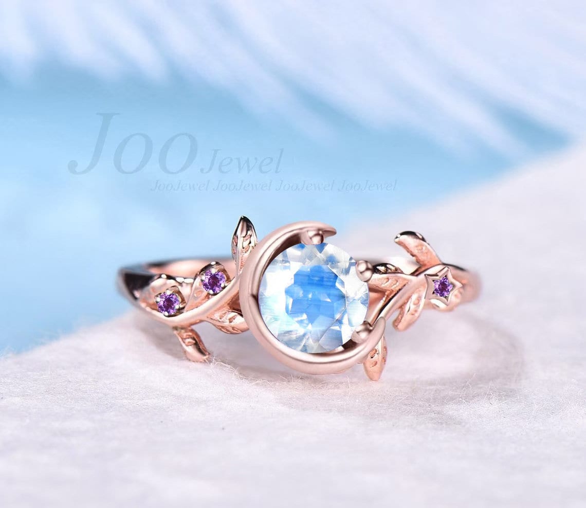 Round Cut Nature Inspired Branch Natural Moonstone Engagement Ring Vintage Moon Star Wedding Ring Cluster Amethyst Ring June Birthstone Gift