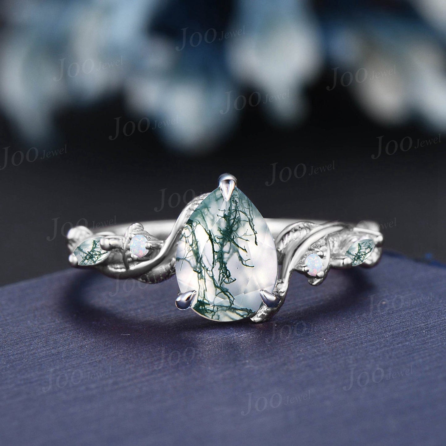 1.25ct Moss Agate Opal Engagement Ring Set Nature Inspired Moss Agate Ring Set 14K Rose Gold Twist Leaf Vine Branch Pear Wedding Ring Gifts
