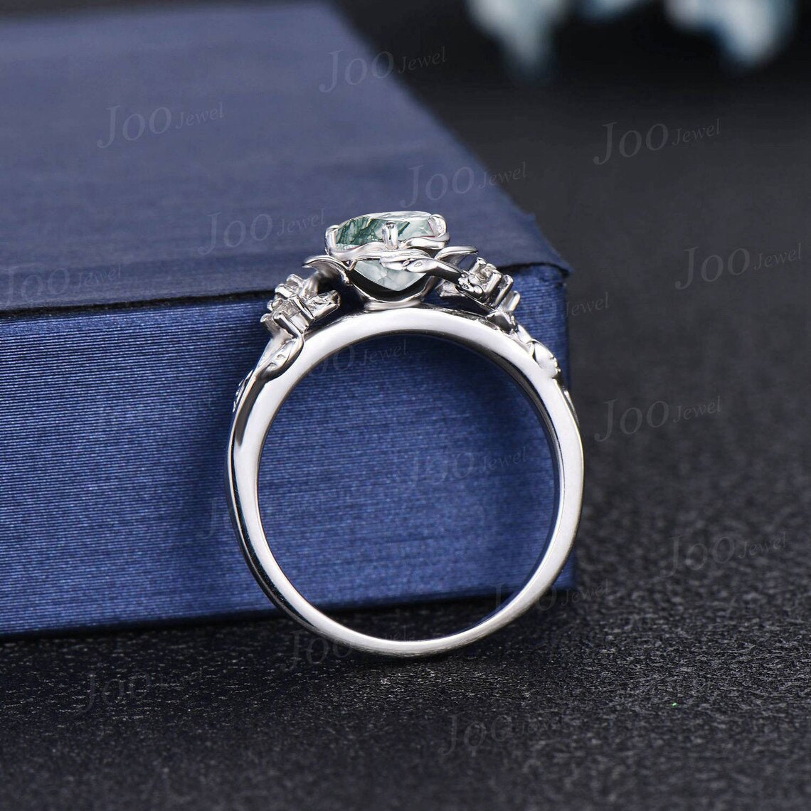 Rose Flower Moss Agate Engagement Ring 10K Rose Gold Nature Wedding Ring Vintage Leaf Branch Moss Ring Cluster Green Emerald Ring