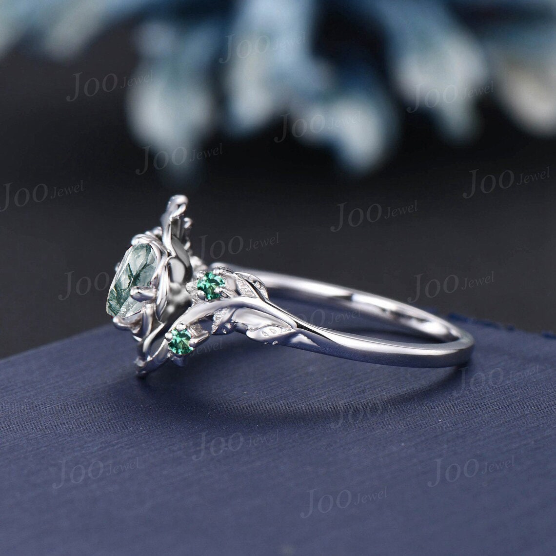 Rose Flower Moss Agate Engagement Ring 10K Rose Gold Nature Wedding Ring Vintage Leaf Branch Moss Ring Cluster Green Emerald Ring