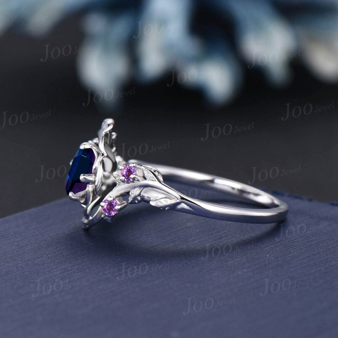 Rose Flower Alexandrite Engagement Rings 5mm Round Color-Change Alexandrite Amethyst Wedding Ring Nature Inspired Leaf Floral Promise Ring