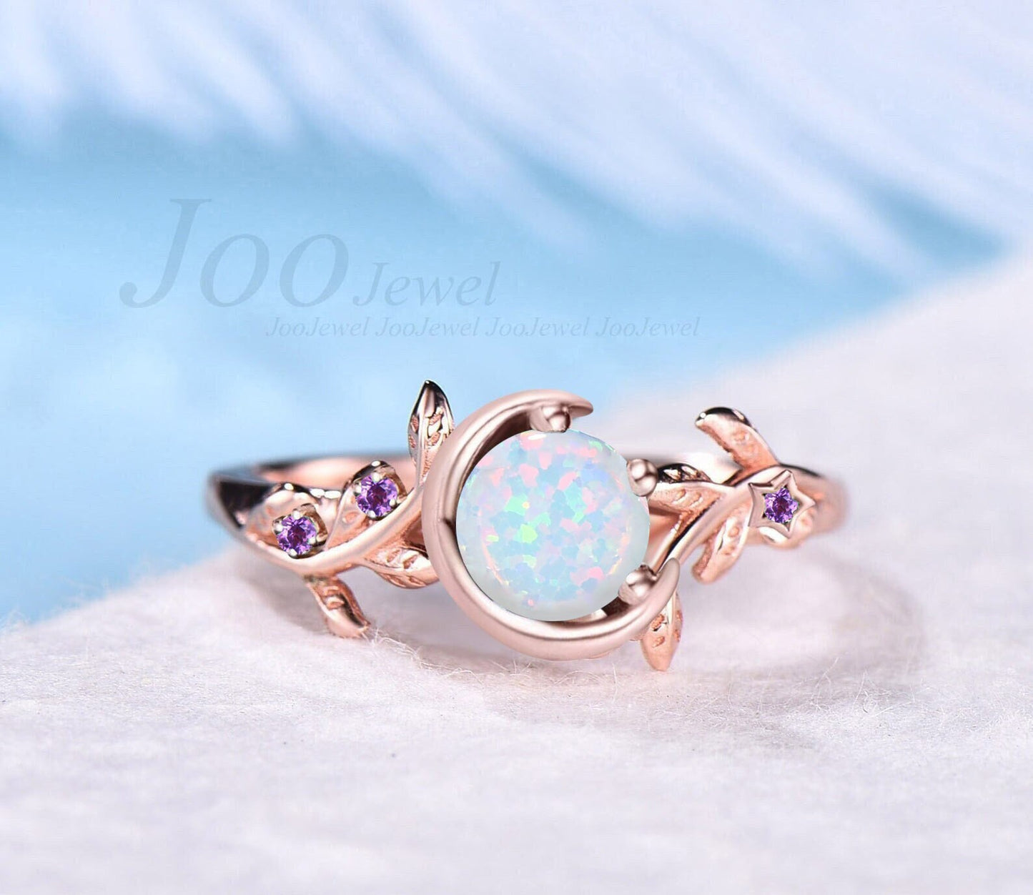 Nature Inspired Branch Opal Engagement Ring Vintage Moon Star Wedding Ring Cluster Amethyst Ring Unique October Birthstone Birthday Gifts
