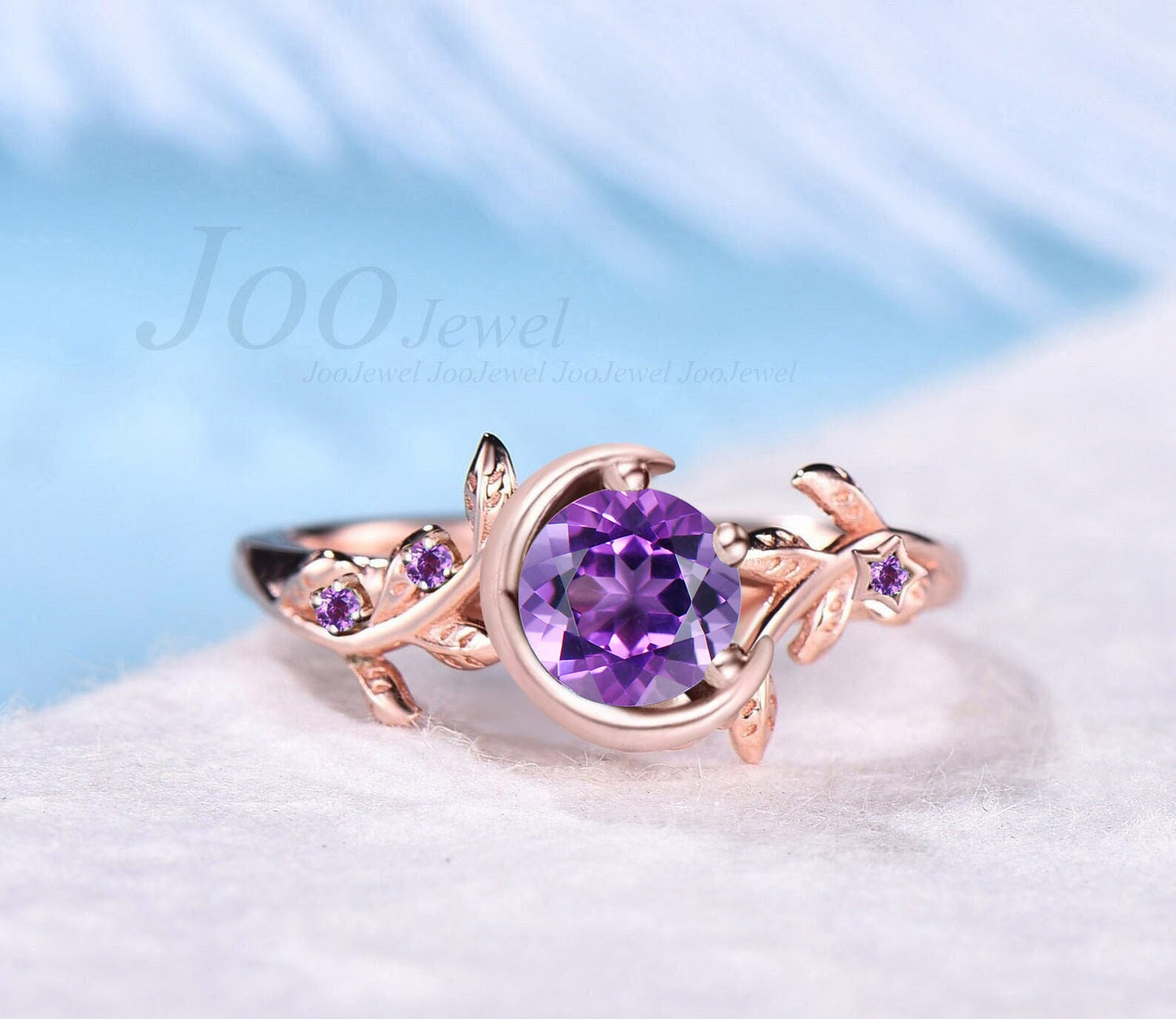 Nature Inspired Branch Natural Amethyst Engagement Ring Vintage Moon Star Wedding Ring Round Amethyst Ring Unique February Birthstone Gifts