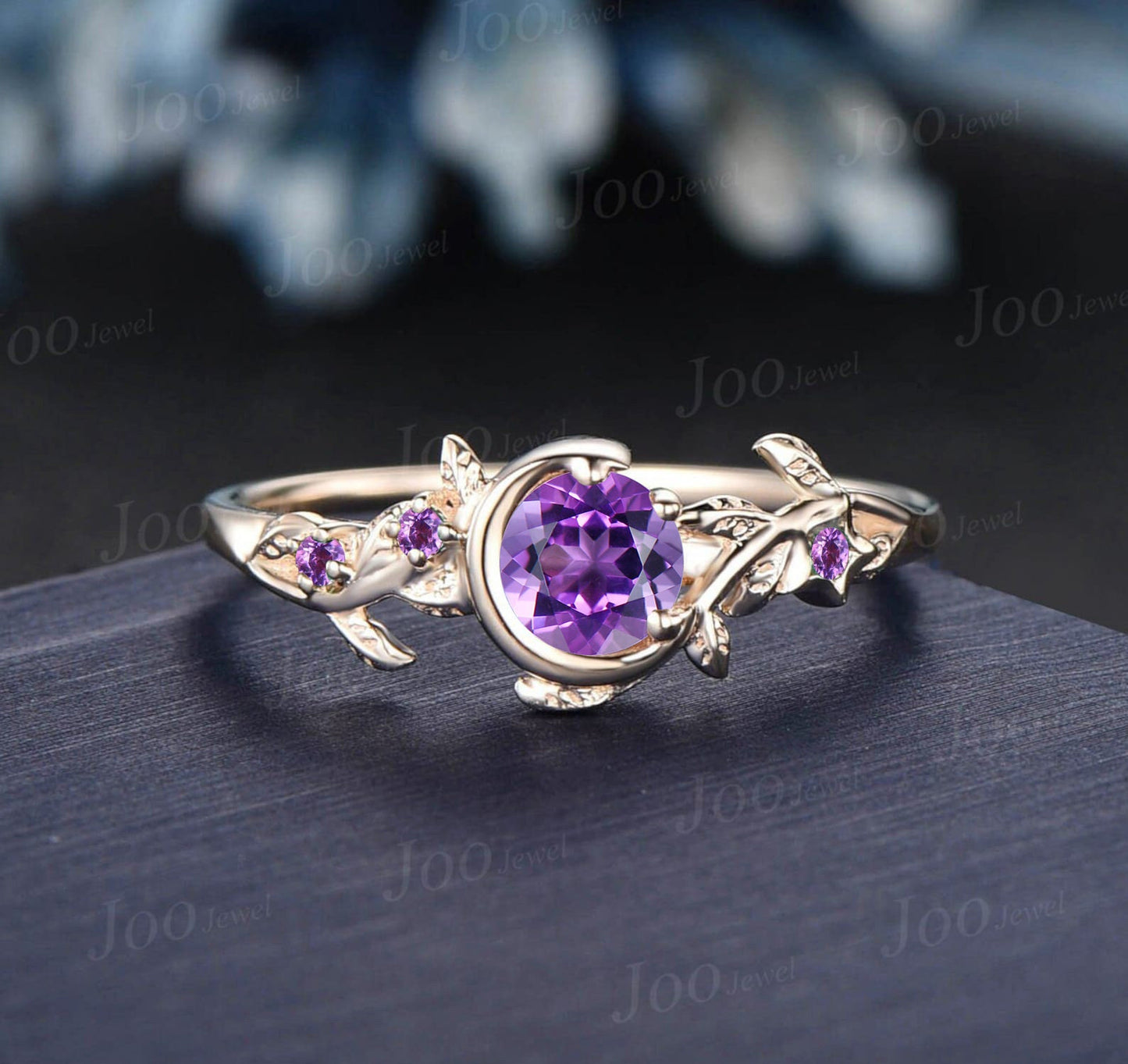 Nature Inspired Branch Natural Amethyst Engagement Ring Vintage Moon Star Wedding Ring Round Amethyst Ring Unique February Birthstone Gifts
