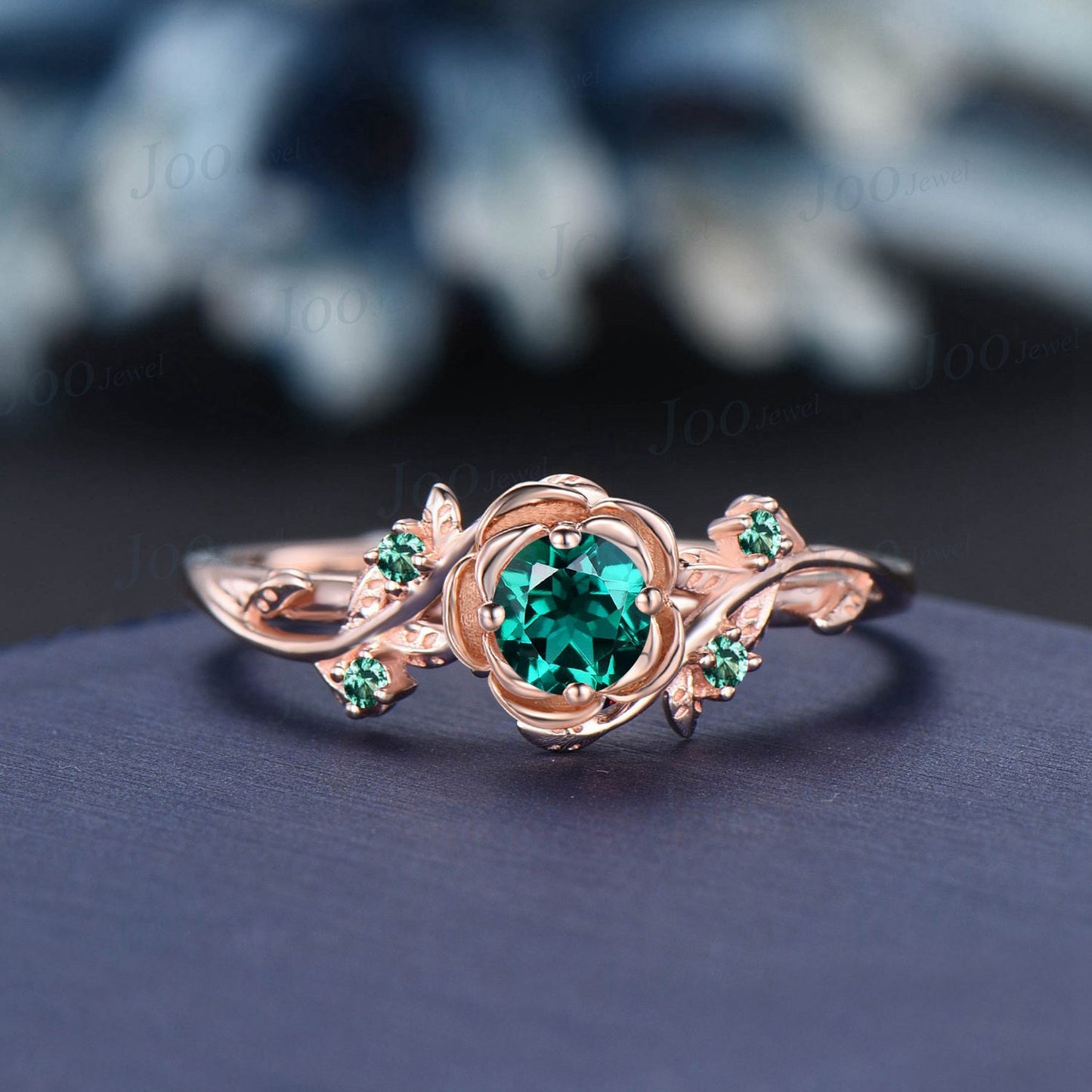 Round Green Emerald Rose Flower Engagement Ring 10K Rose Gold Floral Wedding Ring Vintage Leaf Branch Green Emerald Ring May Birthstone Gift