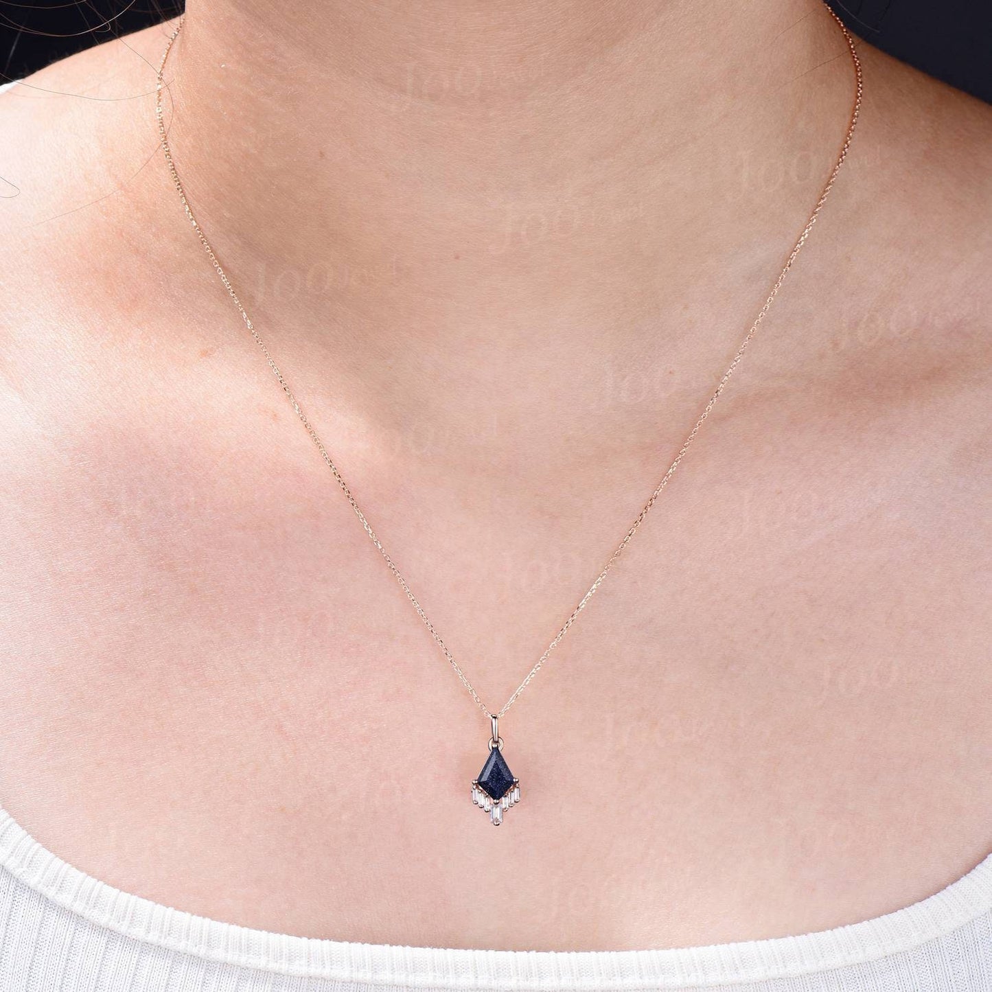 Starry Sky Galaxy Blue Sandstone Drop Necklace Vintage Kite Gemstone Pendant 14K Rose Gold Unique Moissanite Blue Goldstone Bridal Necklace