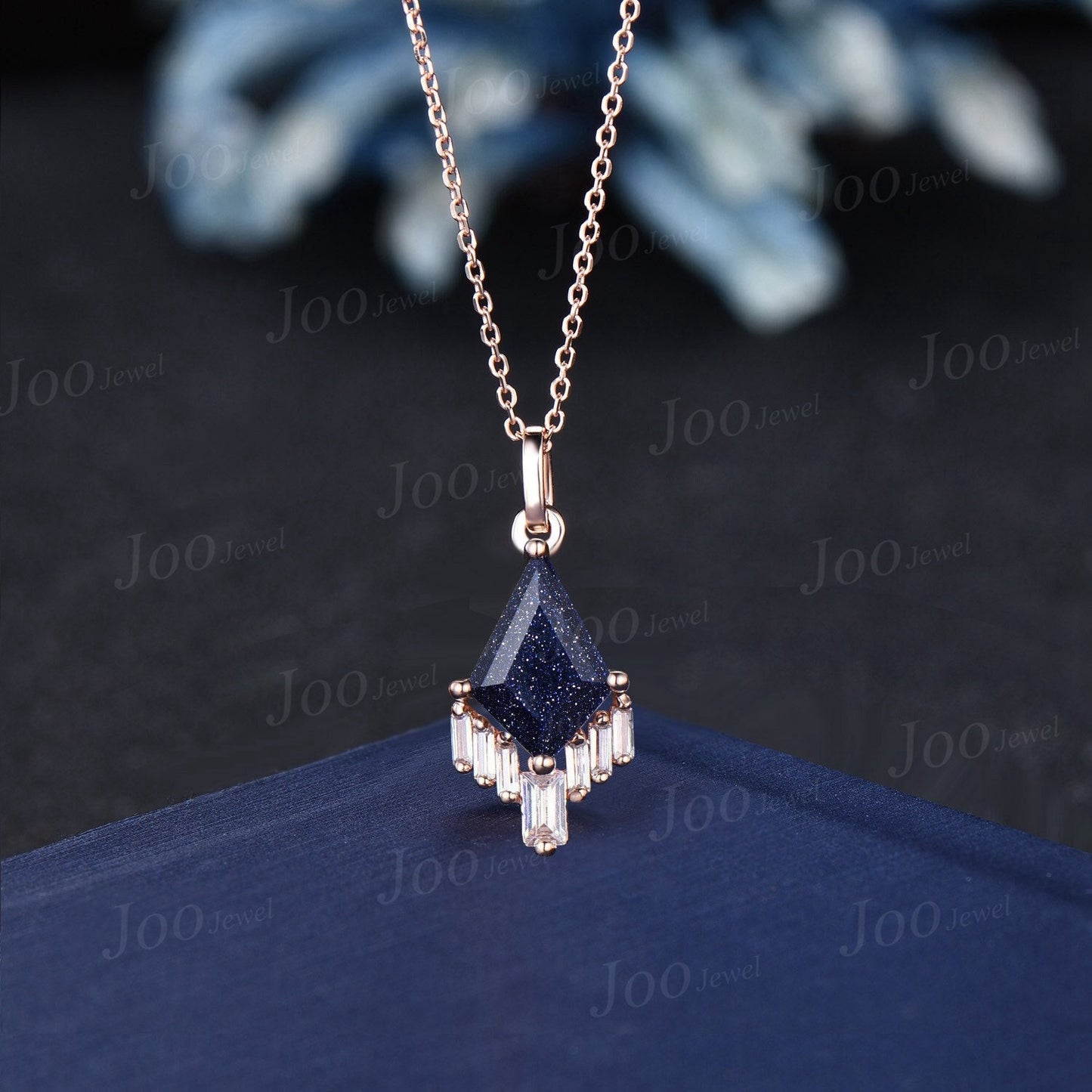 Starry Sky Galaxy Blue Sandstone Drop Necklace Vintage Kite Gemstone Pendant 14K Rose Gold Unique Moissanite Blue Goldstone Bridal Necklace