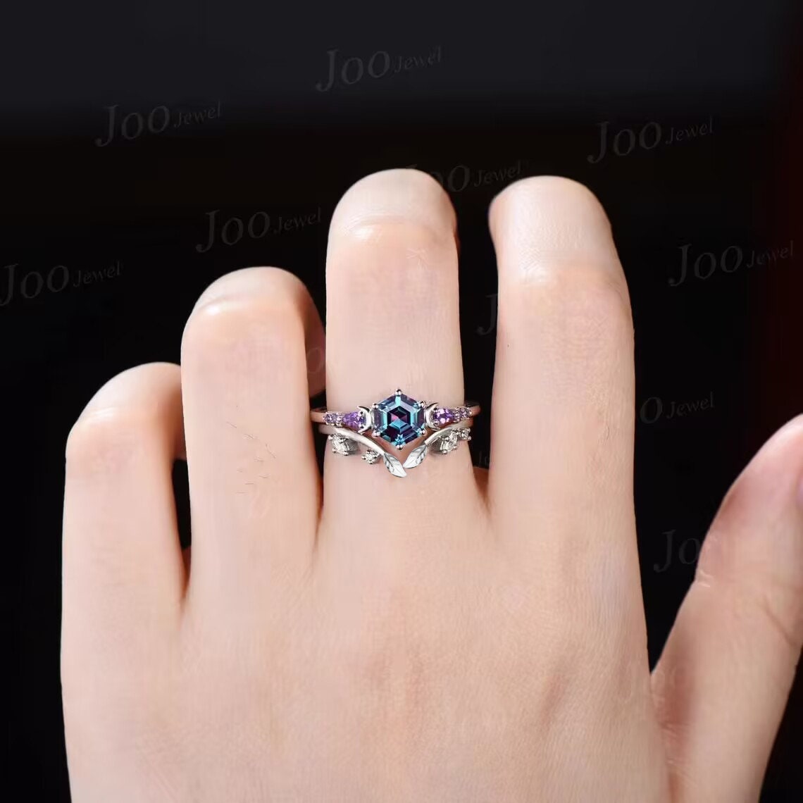 1ct Hexagon Nature Inspired Color-Change Alexandrite Engagement Ring Set 14K White Gold Branch Vine Amethyst Moissanite Moon Wedding Rings