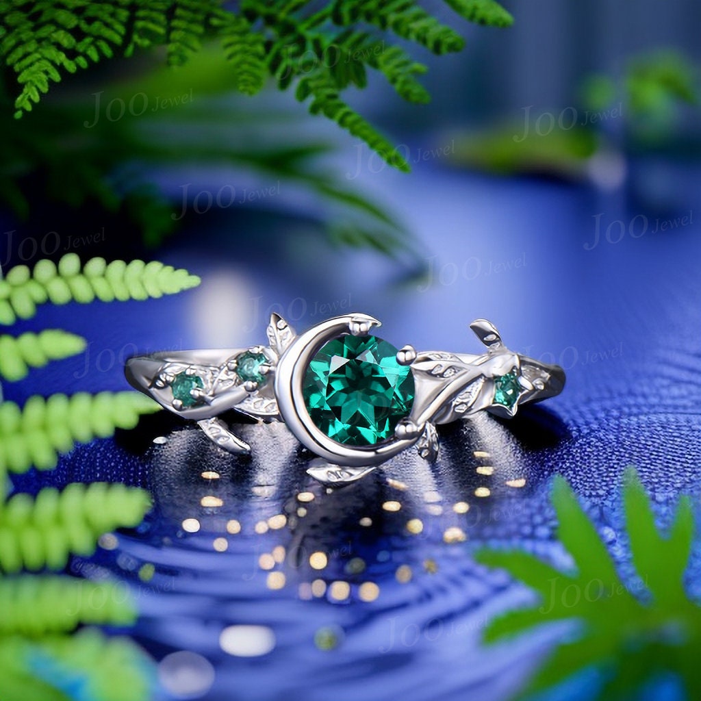 Moon Star Design Round Emerald Promise Ring 10K White Gold Nature Inspired Green Emerald Engagement Ring Branch Leaf Emerald Wedding Rings