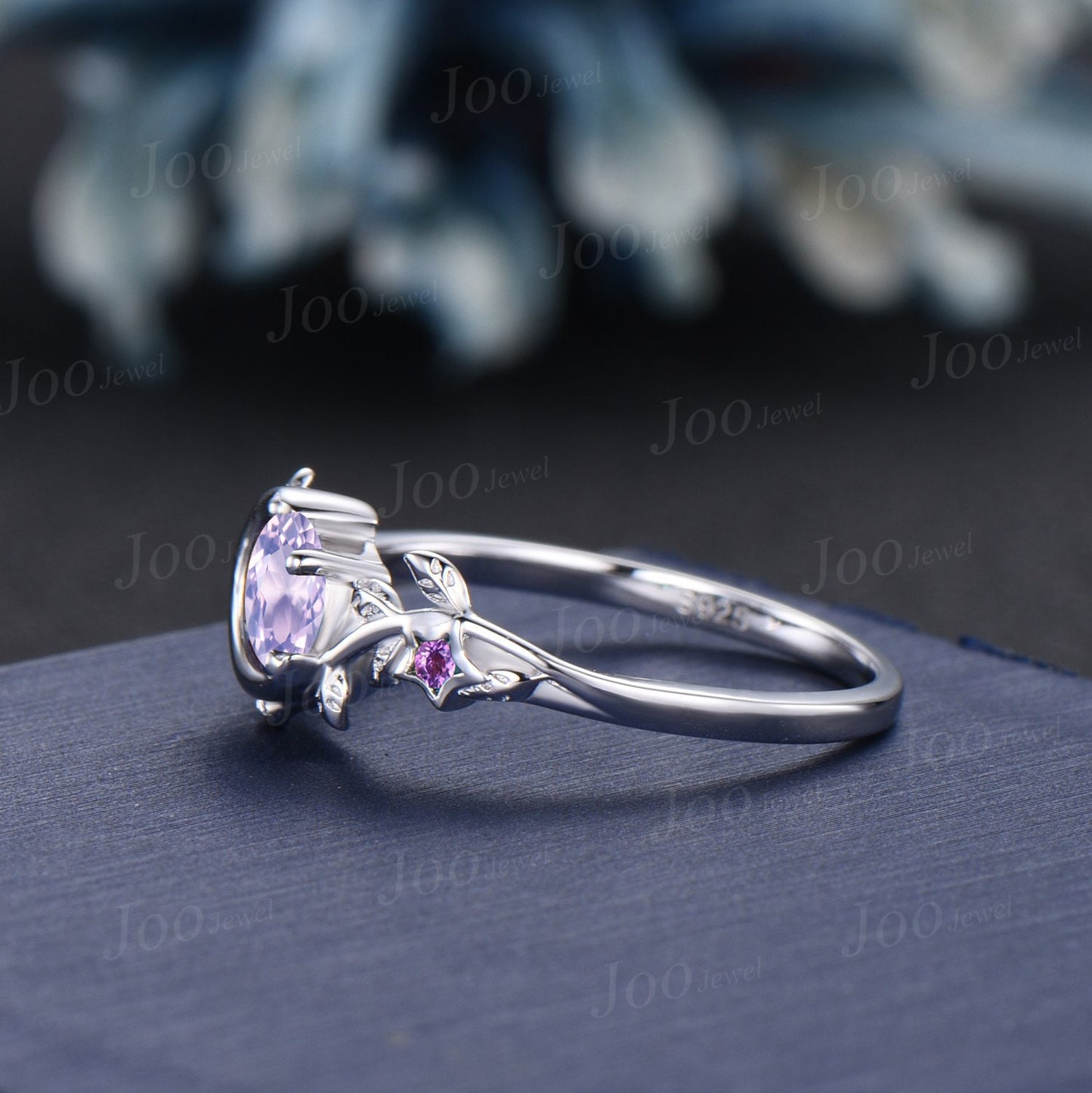 Moon Star Round Natural Lavender Amethyst Promise Ring White Gold Nature Inspired Engagement Ring Branch Leaf Crystal Amethyst Wedding Ring