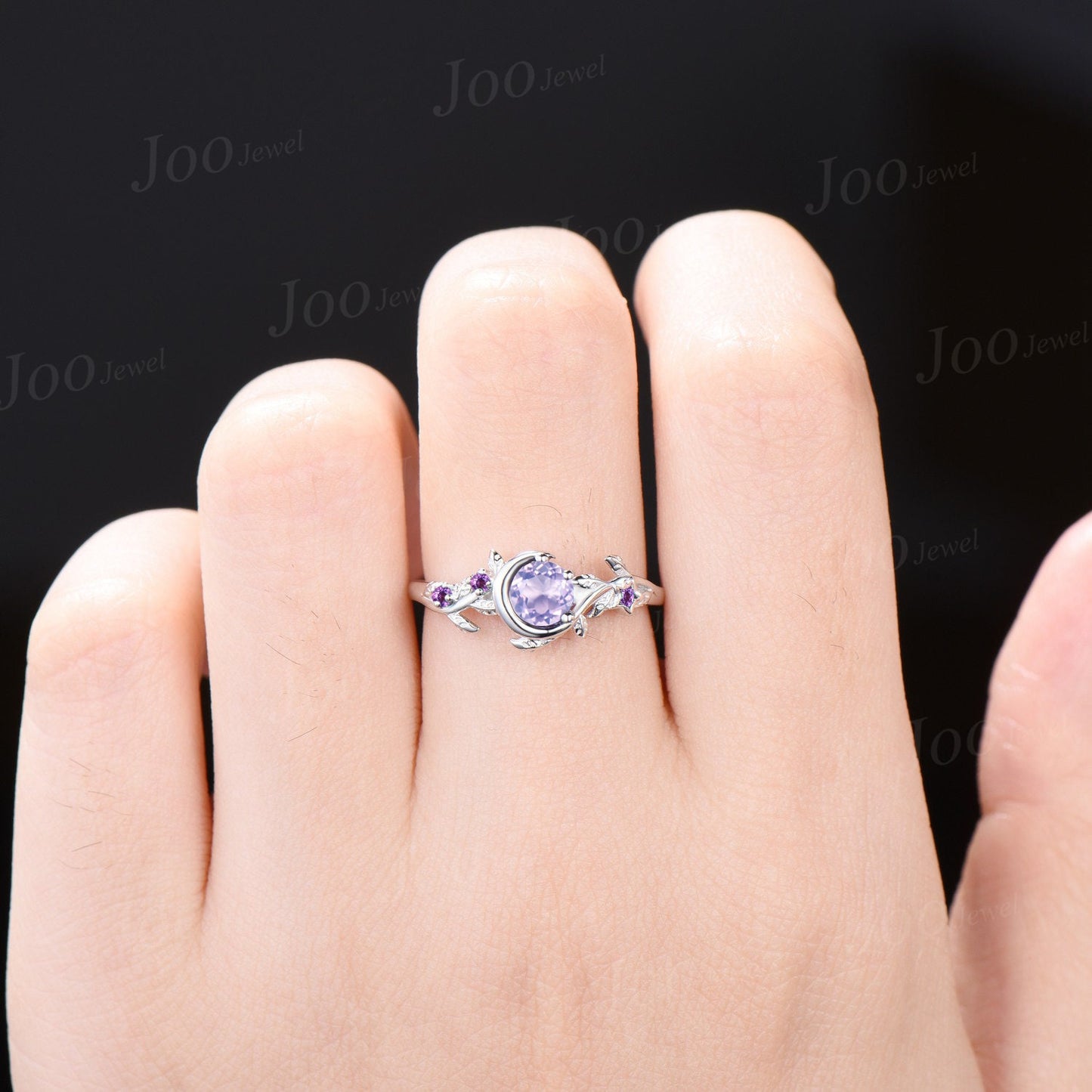 Moon Star Round Natural Lavender Amethyst Promise Ring White Gold Nature Inspired Engagement Ring Branch Leaf Crystal Amethyst Wedding Ring