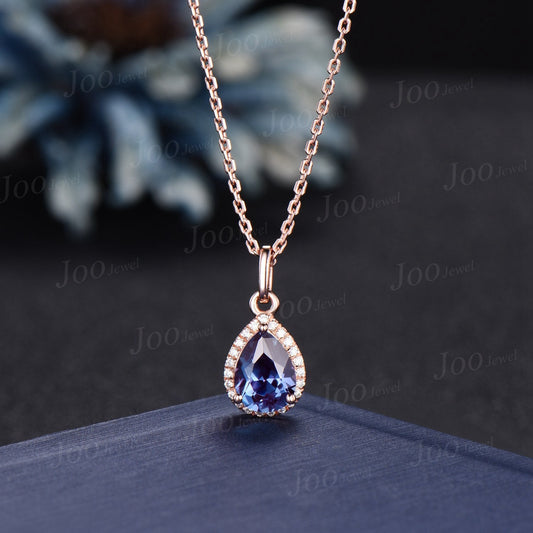 Pear Cut Color-Change Alexandrite Necklace Solid 14K/18K Rose Gold June Birthstone Gemstone Necklace Vintage Halo Moissanite Diamond Pendant